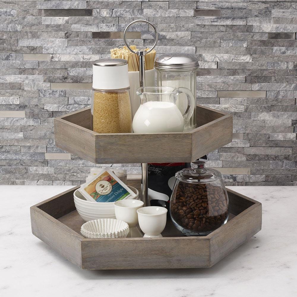 Hexagon 2-Tiered Mango Wood Serving Tray - Rustic Handmade Wooden Charcuterie Board for Cheese, Fruits & Appetizers - Perfect for Entertaining, Kitchen Decor & Gift Giving