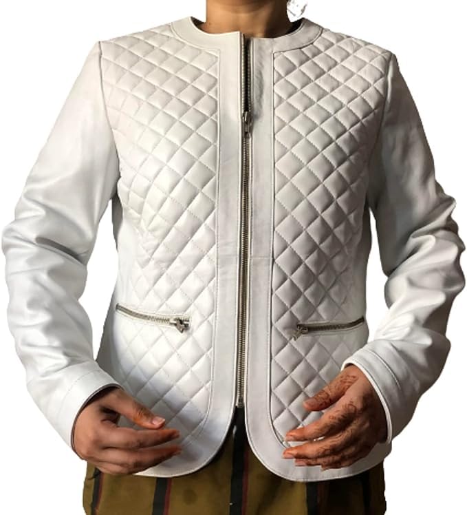 Women's White Leather Jacket - Quilted Collarless Biker Style Jacket for Women | Fashion Outerwear for Casual Wear, Date Night & Fall Season