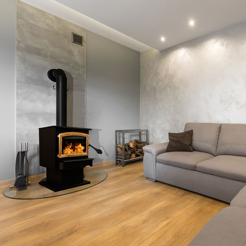 Buck Stove Model 21NC Wood Burning Stove with Gold Door & Pedestal - Efficient Home Heating for Cabins, Living Rooms & Outdoor Spaces