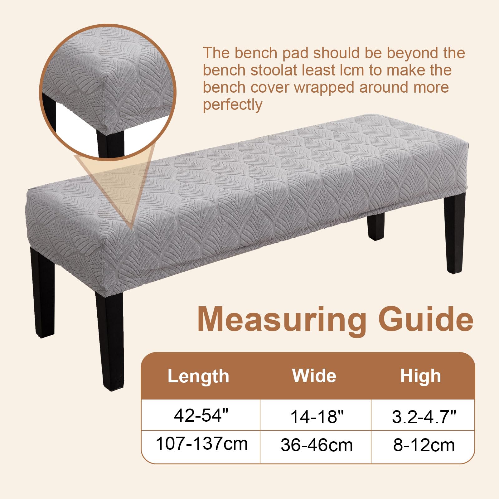 Waterproof Stretch Jacquard Bench Seat Cover - Washable & Removable Dining Room Bench Protector for Bedroom, Living Room, Kitchen - Light Grey | Perfect for Home Decor & Furniture Protection