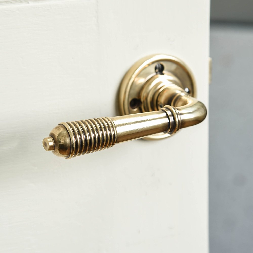 Vintage Polished Antique Brass Reeded Lever Door Handles with Rose Backplate - Classic Home Entryway & Interior Door Hardware for Traditional & Victorian Style Houses