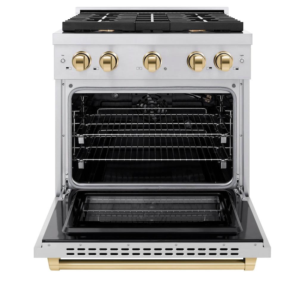 ZLINE Autograph Edition 30-inch 4.2 cu. ft. Stainless Steel Gas Range with 4 Burner Cooktop & Convection Oven - Polished Gold Accents (SGRZ 30 G) for Professional Home Kitchens & Gourmet Cooking