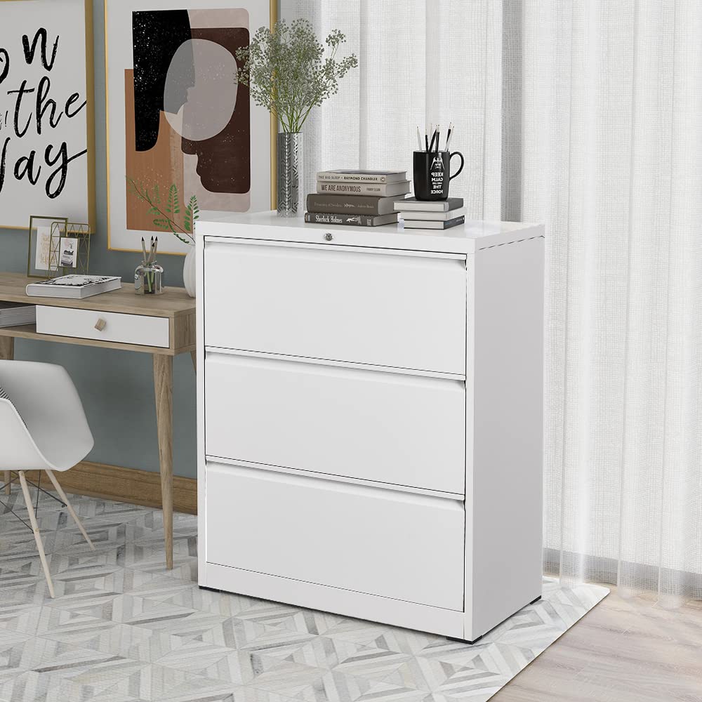 GREATMEET 3-Drawer Locking Metal Lateral File Cabinet - Letter/Legal Size Office Storage (28.25