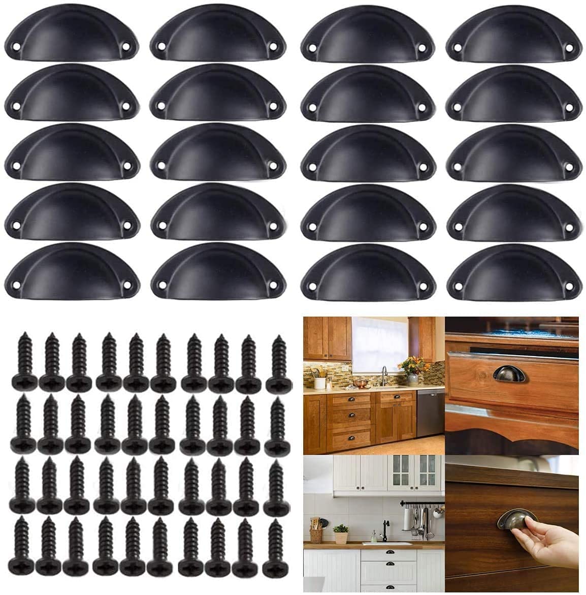 Vintage Black Shell Door Handles - 20 Pack 82mm Antique Furniture Knobs & Ring Pulls for Drawers, Cabinets, Kitchen Cupboards - Retro Hardware for Home Decor & DIY Projects - Perfect for Farmhouse, Shabby Chic & Victorian Style Furniture Makeovers