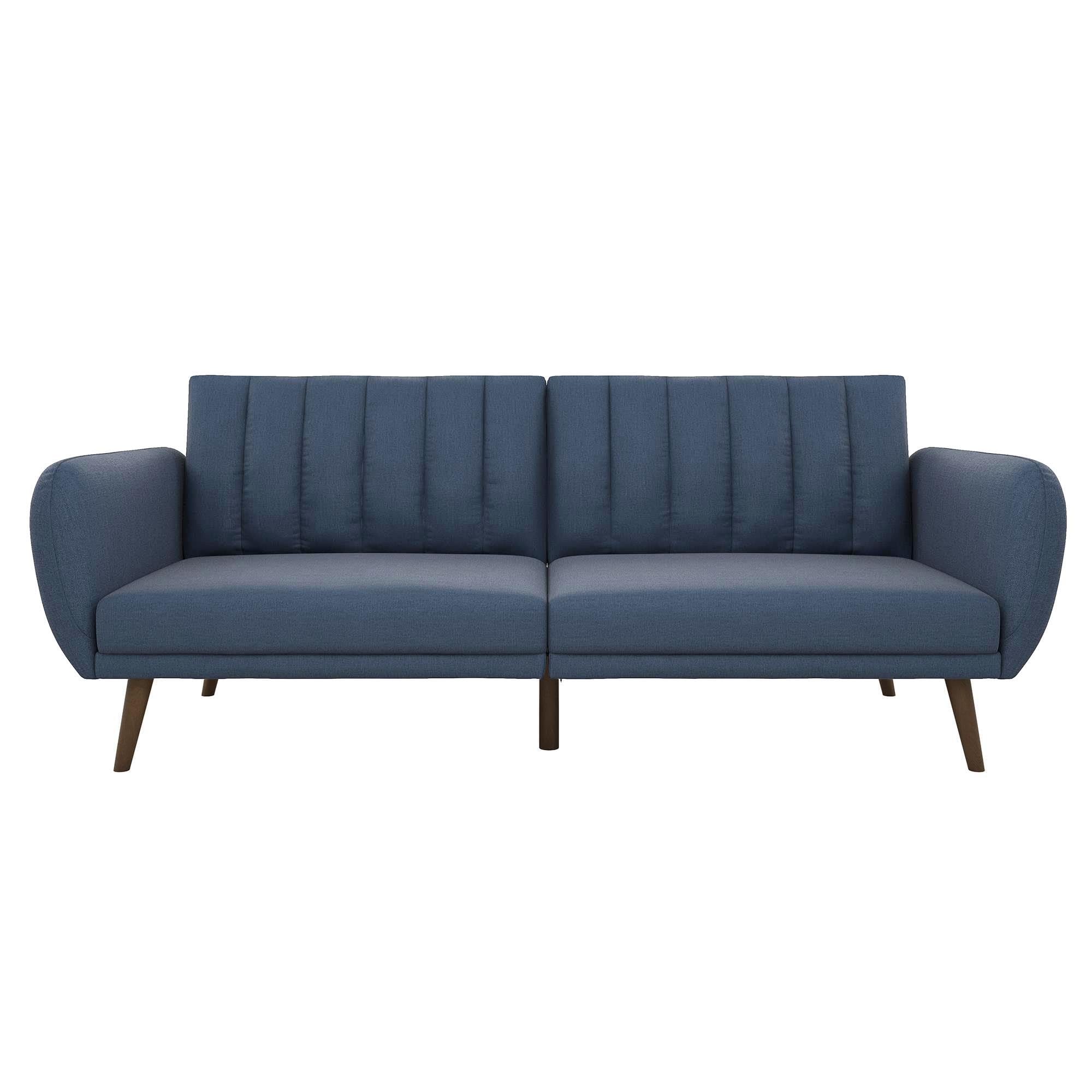Novogratz Brittany Sofa Futon - Premium Linen Upholstery with Wooden Legs in Blue | Convertible Sleeper Sofa for Small Spaces, Living Room & Guest Room