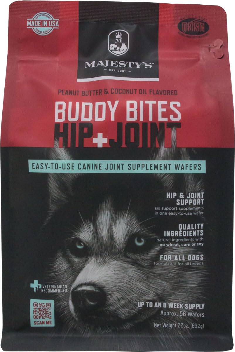 Majesty's Buddy Bites Hip and Joint Wafers for Medium & Large Dogs - Peanut Butter Coconut Oil Flavored Dog Treats - Glucosamine Chondroitin Supplement - 56 Count (8 Week Supply) - Supports Mobility & Joint Health for Active Dogs