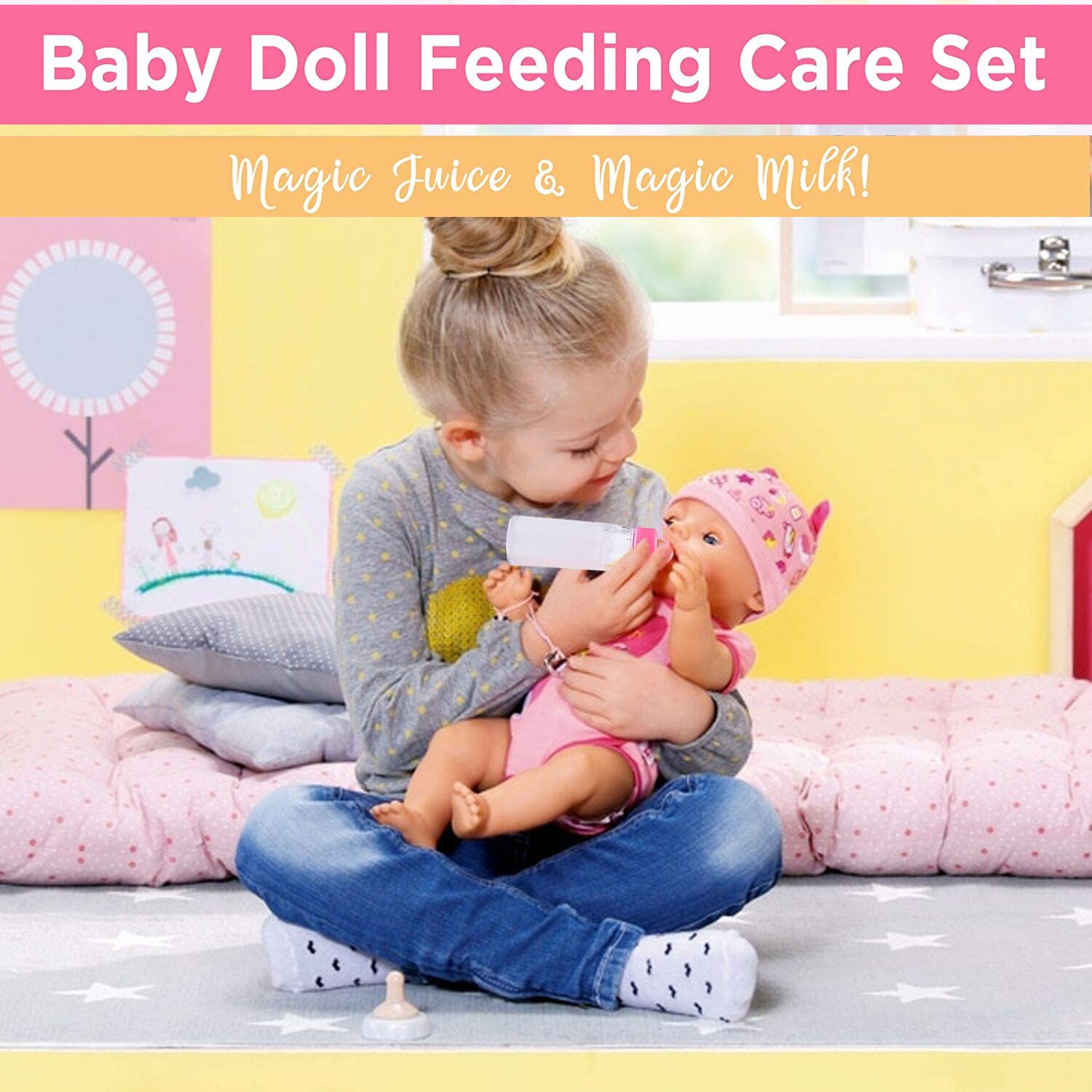 28-Piece Baby Doll Accessories Complete Car Set - Pretend Play Feeding Kit for Toddlers & Girls with Magic Milk Bottles & Storage Bag | Perfect for Role Play, Daycare & Preschool Learning Activities
