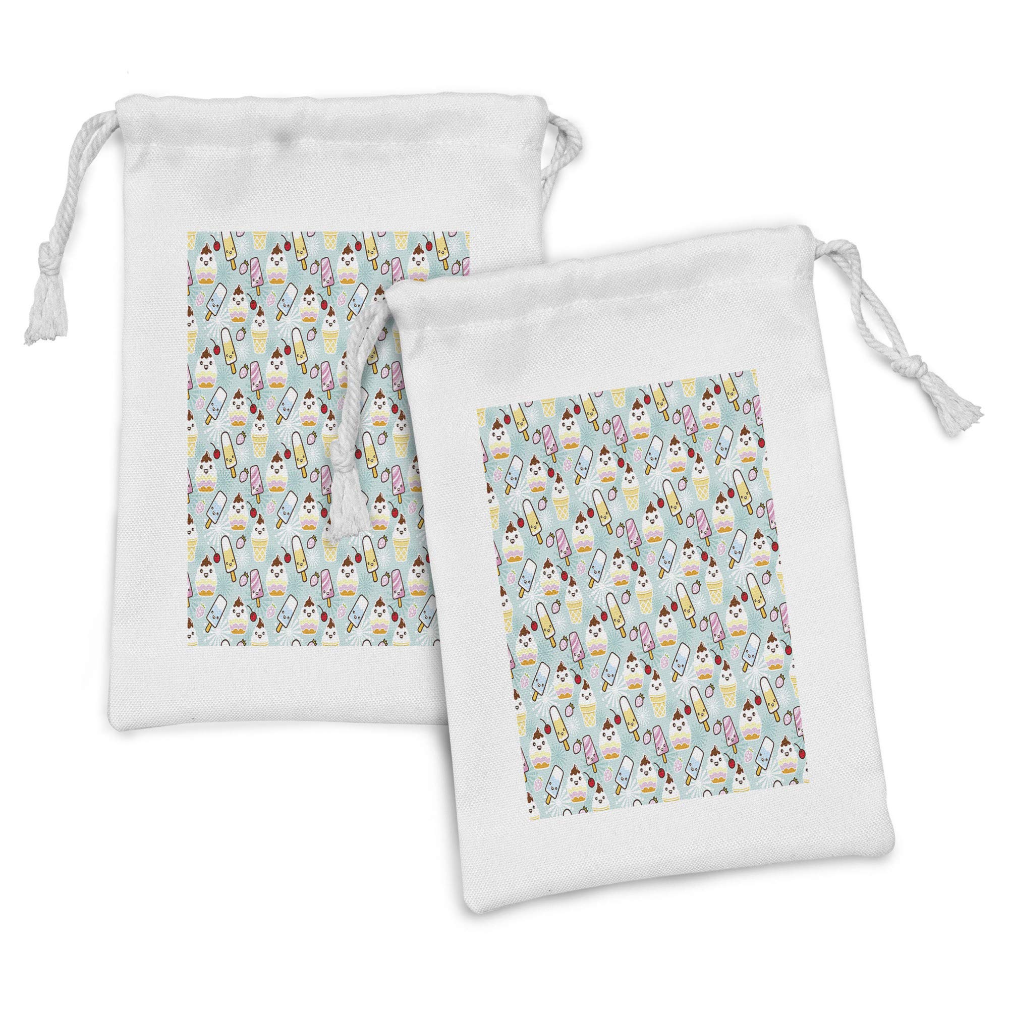 Ambesonne 2-Pack Ice Cream Themed Fabric Drawstring Pouches - Funny Cupcake & Cone Caricature Design, 9