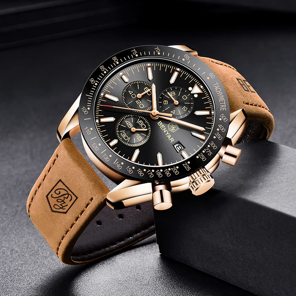 BENYAR Men's Luxury Chronograph Quartz Watch - Waterproof Business Wristwatch with Brown Leather Strap | Perfect for Office, Formal Events & Everyday Wear