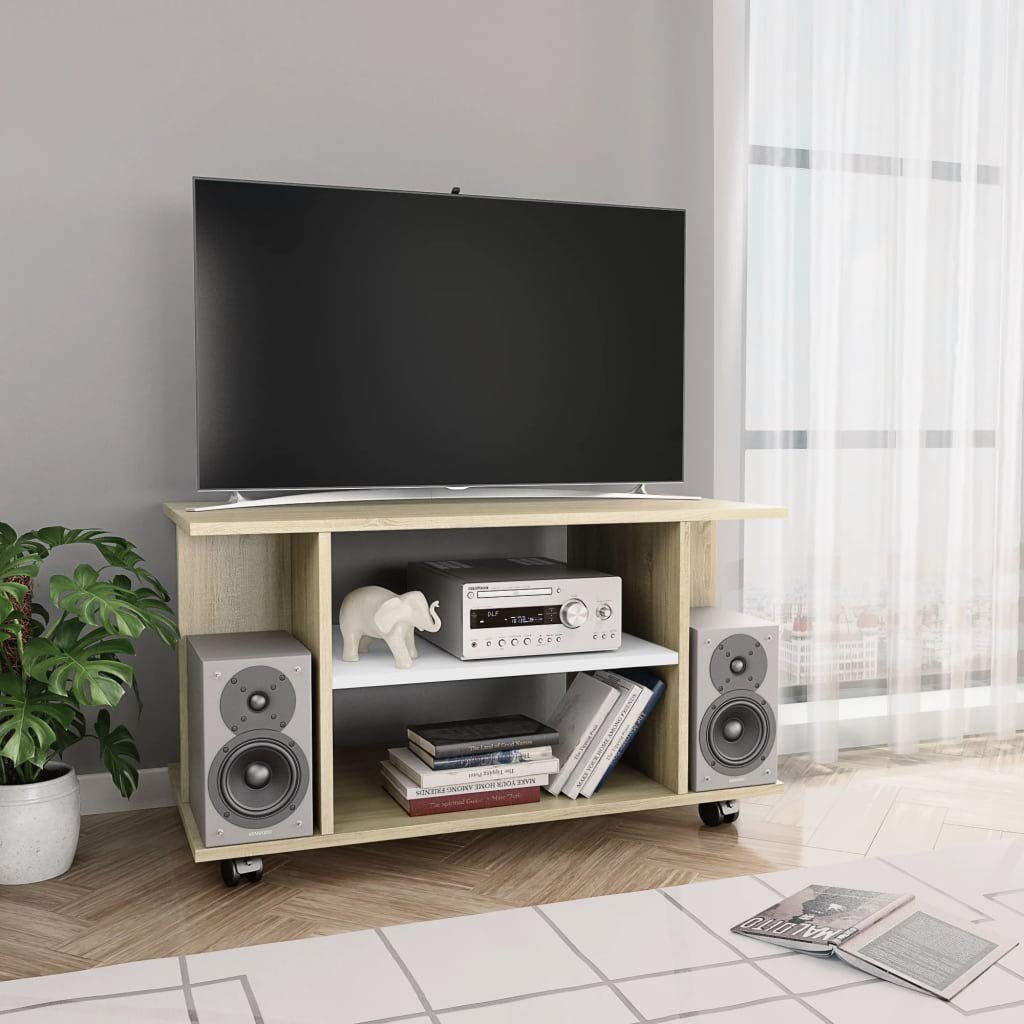 Modern Wooden TV Stand Console with 2 Open Shelves & Wheels - 31.5