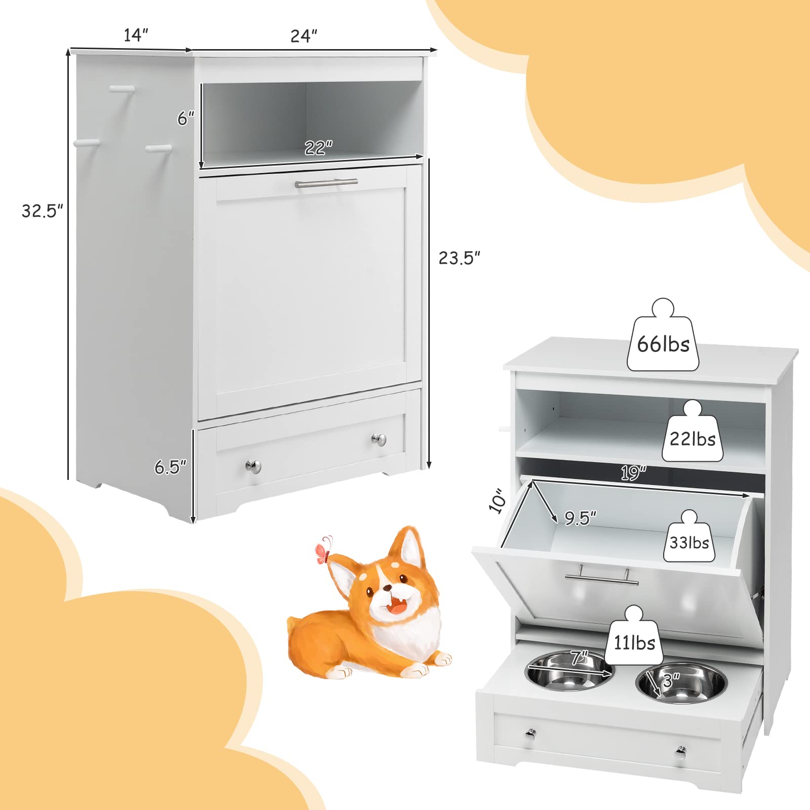 PETSITE Large Pet Feeder Station - Dog Food Storage Cabinet with Stainless Steel Double Pull-Out Raised Bowls for Dog Feeding & Watering Supplies, Pet Toy Organizer in White - Perfect for Kitchen, Laundry Room or Mudroom Pet Feeding Stations