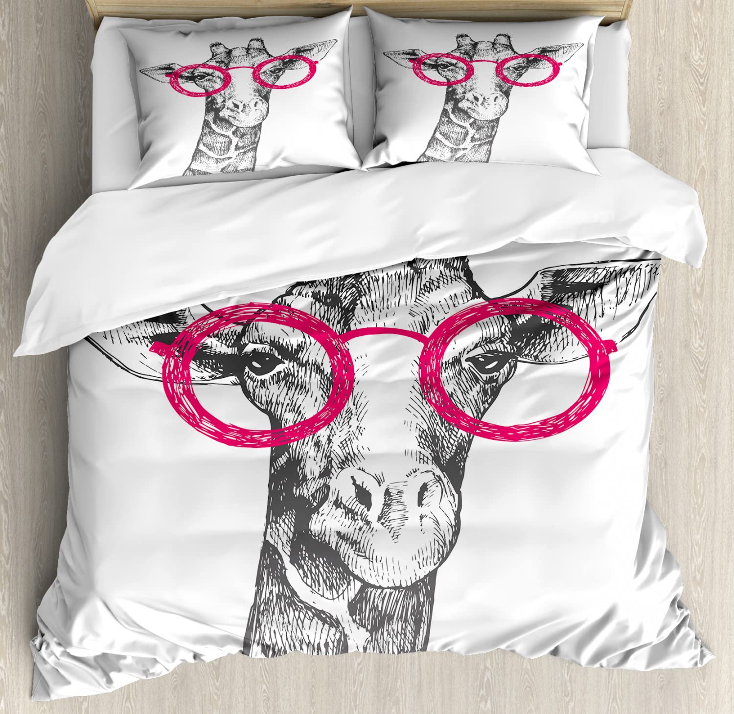 Ambesonne Funny Duvet Cover Set - Hipster Animal Retro Fashion Round Glasses Summer Love Design, Hand-Drawn Style Bedding Set with 2 Duvet Covers & 2 Pillowcases, 2-Pack Twin Size in White & Pink | Perfect for Teen Bedrooms, Dorm Decor & Unique Gift Ideas