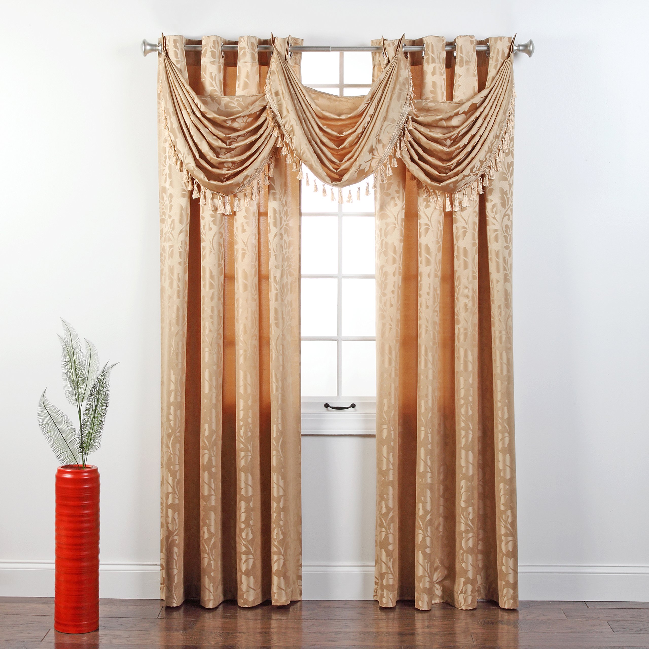 Renaissance Home Fashion Leah Jacquard Grommet Waterfall Valance with Tassel - 36 x 37 Inches - Mist - Elegant Window Treatment for Living Room, Bedroom & Dining Room Decor