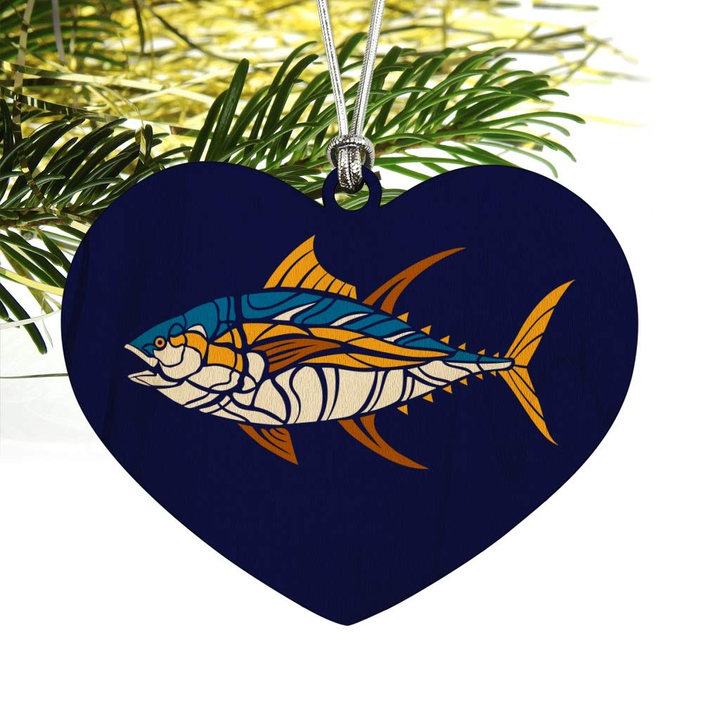 Tuna Fish Design Heart Love Wood Christmas Tree Ornament - Handcrafted Holiday Decoration for Xmas Tree, Home, Office & Gift Giving
