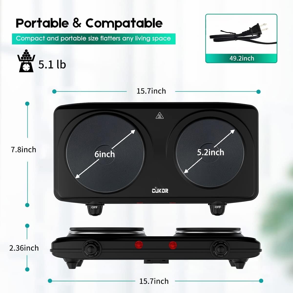 CUKOR 1800W Double Cast Iron Electric Hot Plate - Portable 2 Burner Countertop Stove for Home, RV & Outdoor Cooking | Dual Electric Cooktop with Adjustable Temperature for Camping, Dorm & Kitchen Use