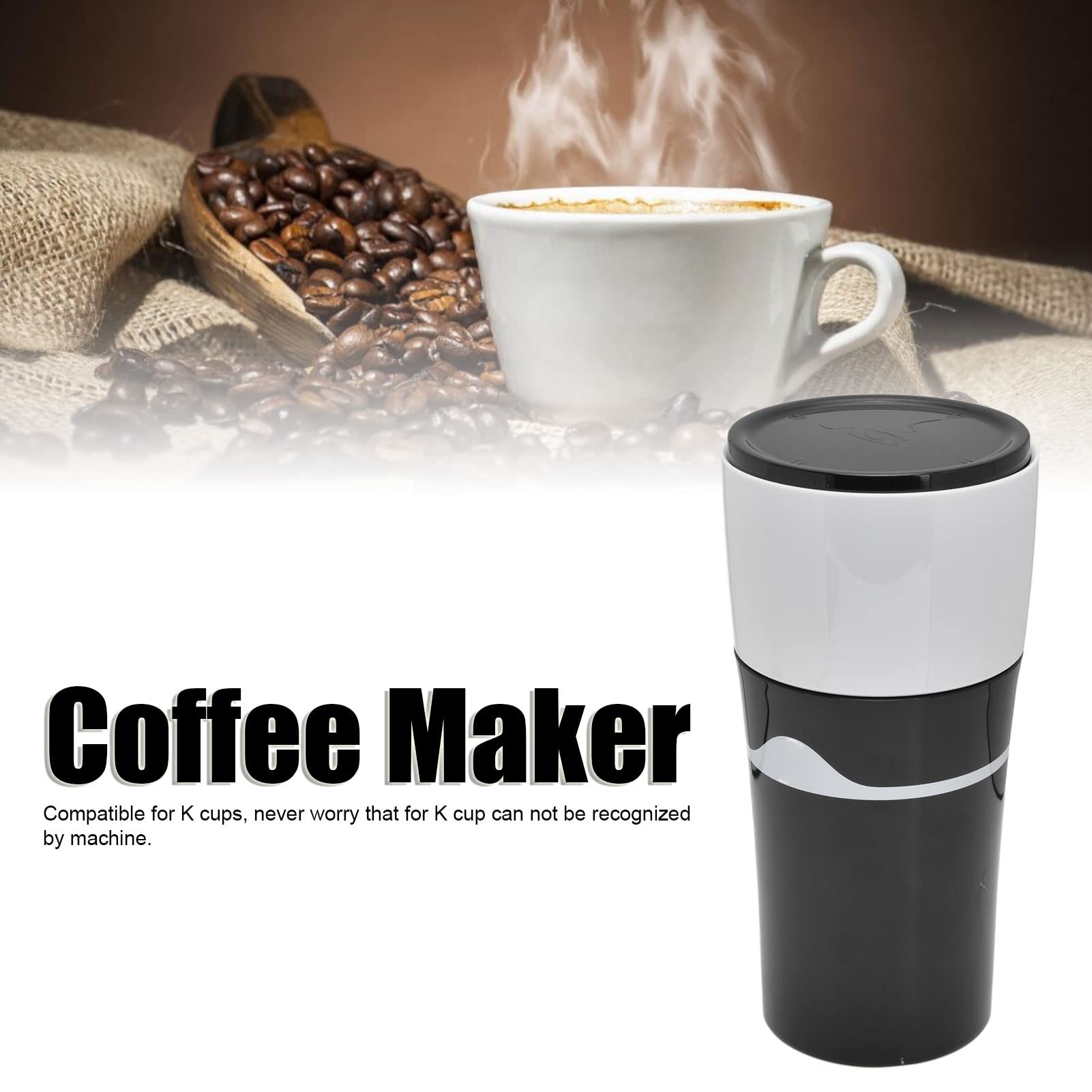 Portable Drip Coffee Maker for K-Cup Pods - 450ml Travel Coffee Machine with PP Material, Compact & Lightweight for Home, Office, Camping (Black & White)