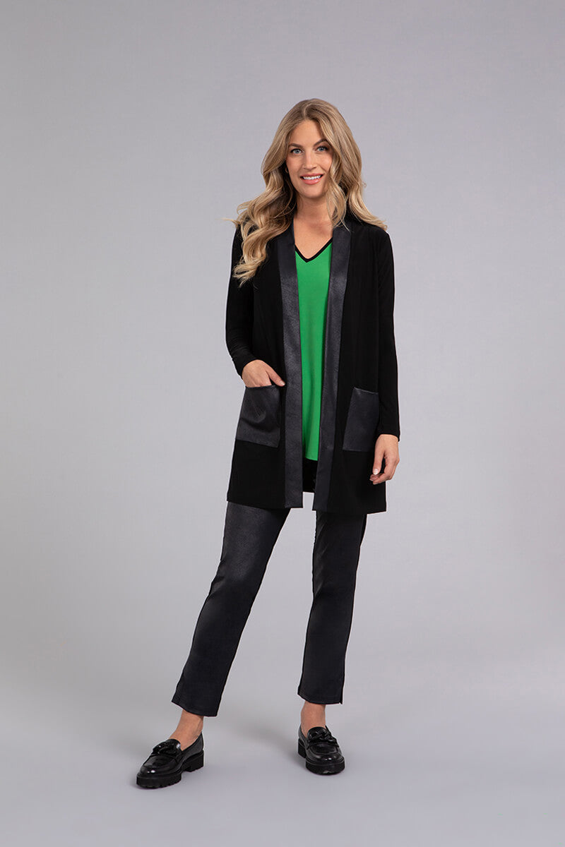 Stylish Black Mix Essential Cardigan with Faux Leather Trim - Perfect for Casual Outfits, Office Wear & Fall Layering
