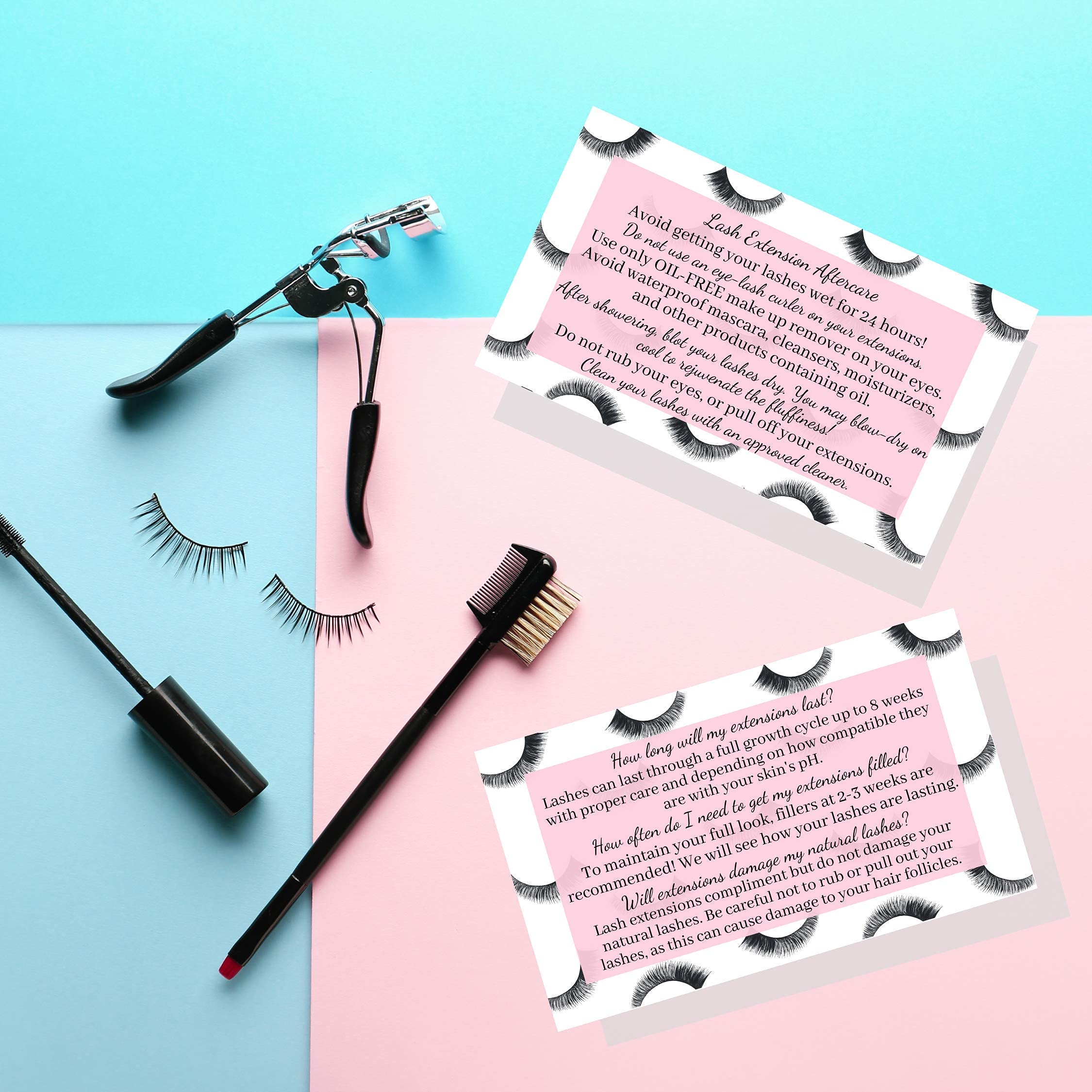 Premium Eyelash Extension Aftercare Cards - 50 Pack | Double-Sided False Lash Care Instructions with Elegant Pink Design | 3.5