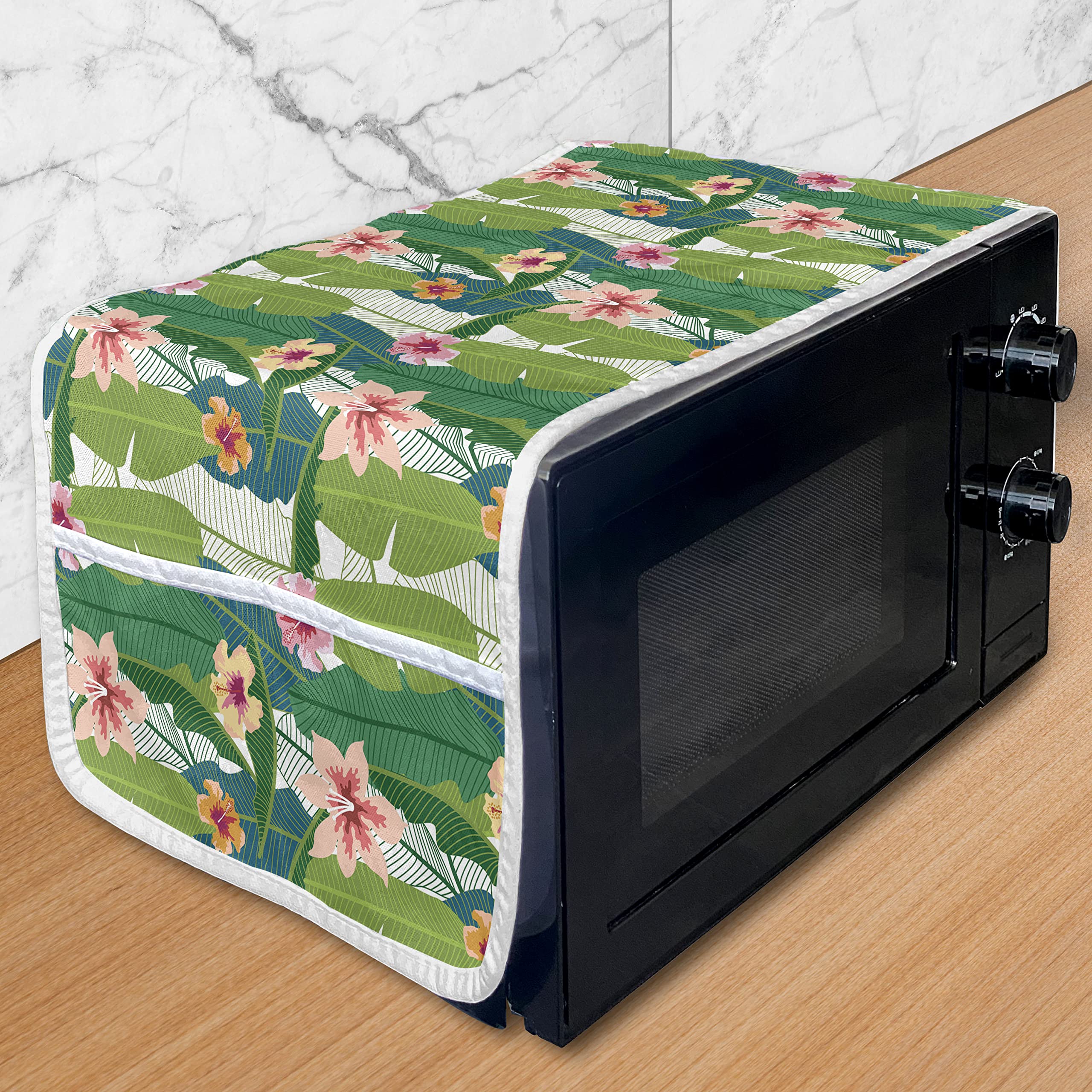 Ambesonne Aloha Microwave Oven Cover - Hawaiian Banana Leaves & Colorful Flower Print, Waterproof Kitchen Organizer with Pockets, 36