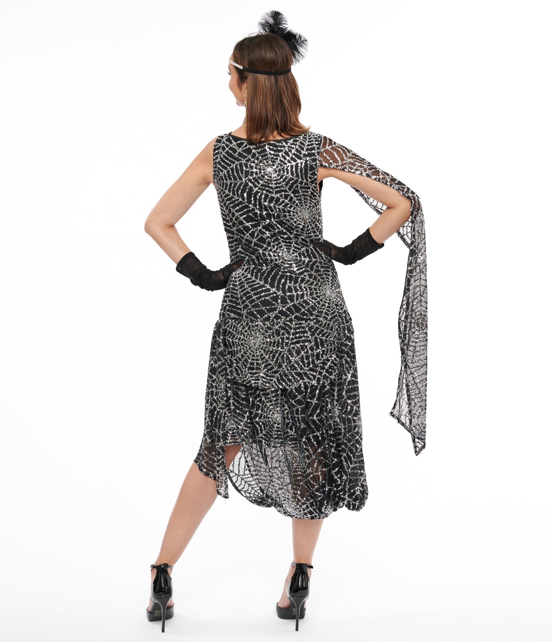Vintage 1920s Black & Silver Sequin Spider Web Flapper Dress - Gatsby Party, Halloween Costume, Roaring 20s Themed Event Outfit