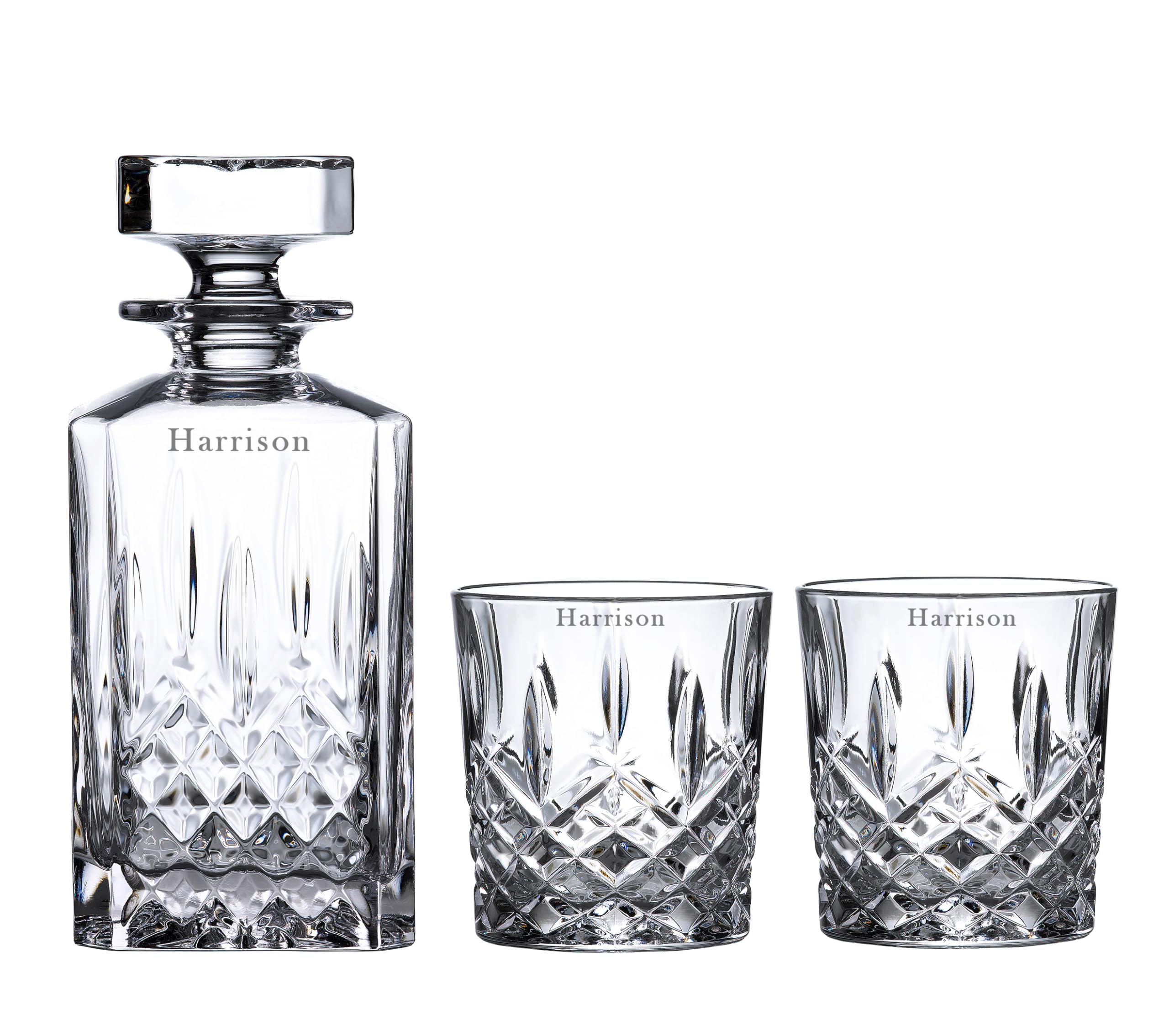 Marquis by Waterford Personalized Markham Square Crystal Decanter Set - 32oz Engraved Whiskey Decanter with 2 Matching DOF Rocks Glasses for Scotch, Bourbon & Rye | Luxury Home Bar Accessories & Gift for Whiskey Lovers