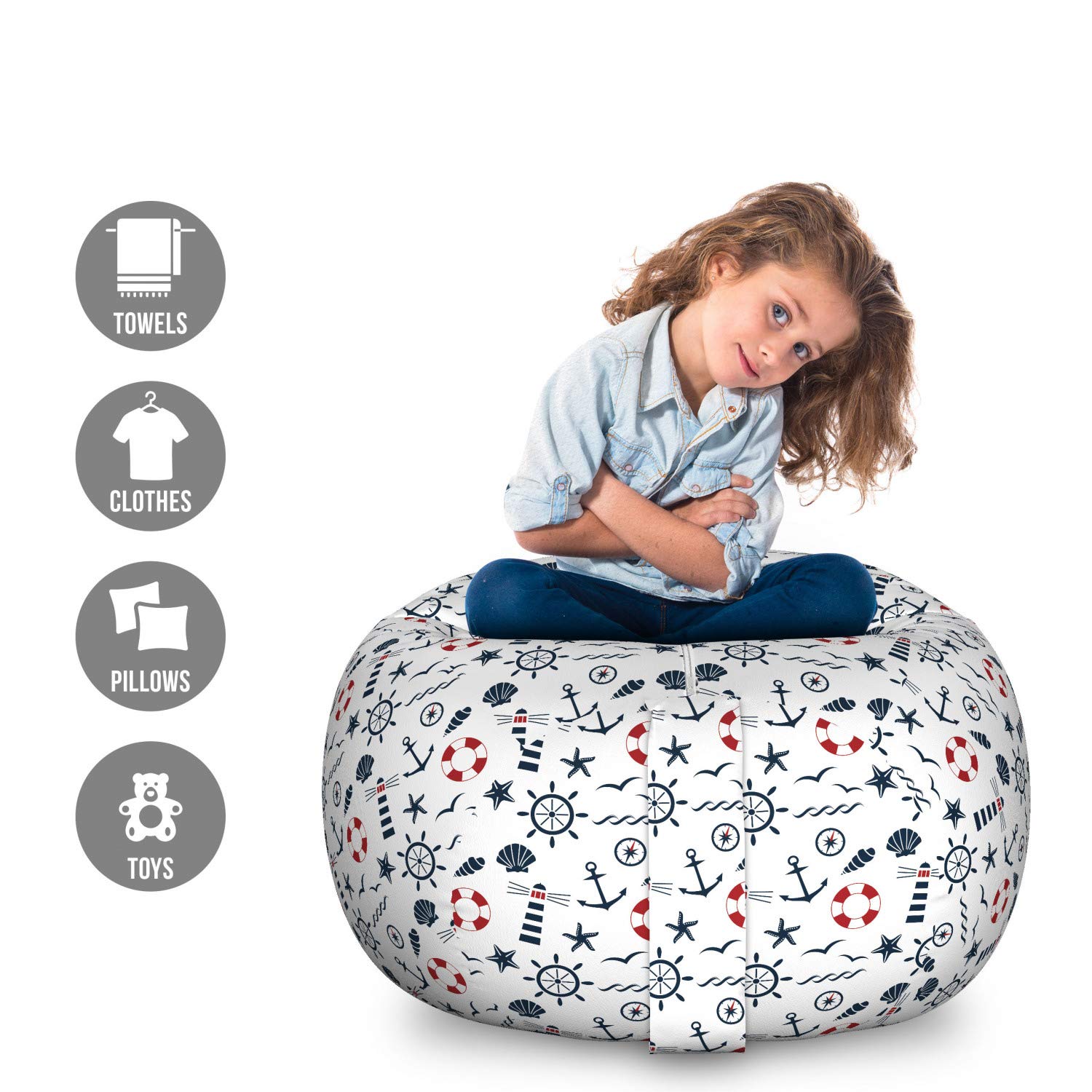 Ambesonne Lighthouse Toy Storage Bag Chair - Nautical Anchor Waves & Compass Design, Large Washable Stuffed Animal Organizer in Indigo Red White | Perfect for Kids' Room, Nursery, Playroom & Beach Storage