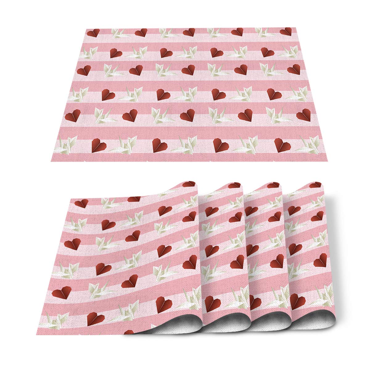 Bingigo 4-Piece Cotton Linen Placemats Set - Heat Resistant, Washable & Durable Table Mats with Valentine's Day Pink Love Heart & Paper Crane Stripe Design - Perfect for Kitchen, Dining Table, and Romantic Dinner Settings