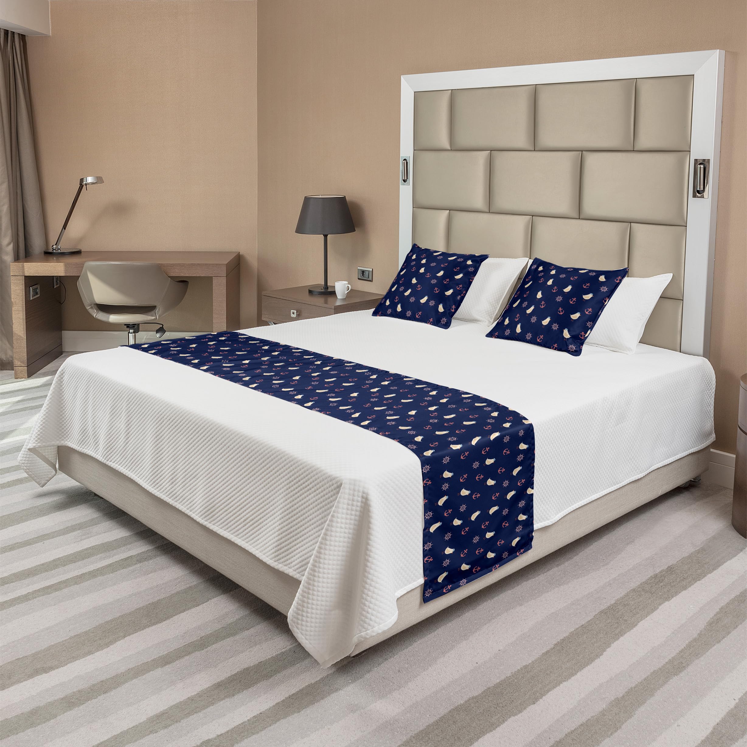 Ambesonne Nautical Bed Runner Set with Ocean Elements, Birds in Marine Hats, Steering Wheel & Anchor - King Size Night Blue Multicolor Decorative Bedding Scarf & 2 Pillow Shams for Home, Hotel & Coastal Themed Bedrooms