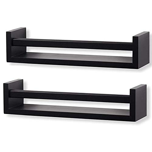 DAVEBELLA Set of 2 Black Wood Floating Wall Shelves - Nursery Room Decor, Bookshelf & Toy Organizer for Baby Room, Kids Bedroom, Playroom Storage Solution