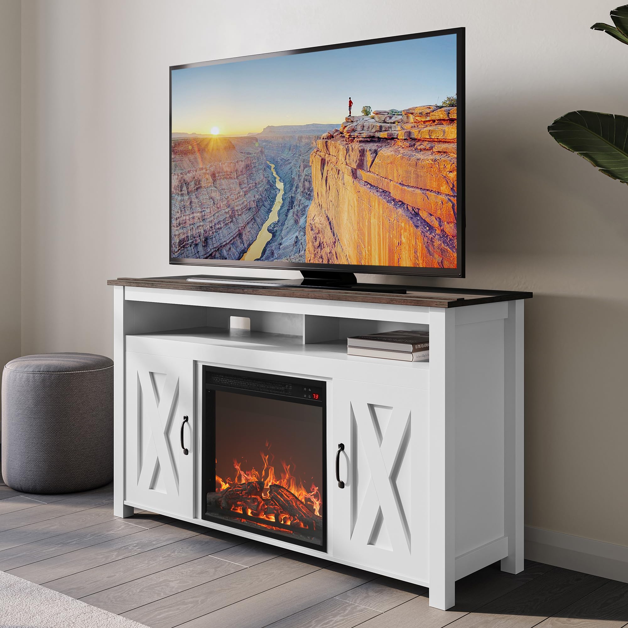 BELLEZE 48 Inch Modern Barn Door TV Stand with Electric Fireplace Heater - Media Entertainment Center Console Table for TVs up to 50 Inches, 2 Open Shelves & Storage Cabinets - Corin White Finish | Living Room, Bedroom Home Theater Setup