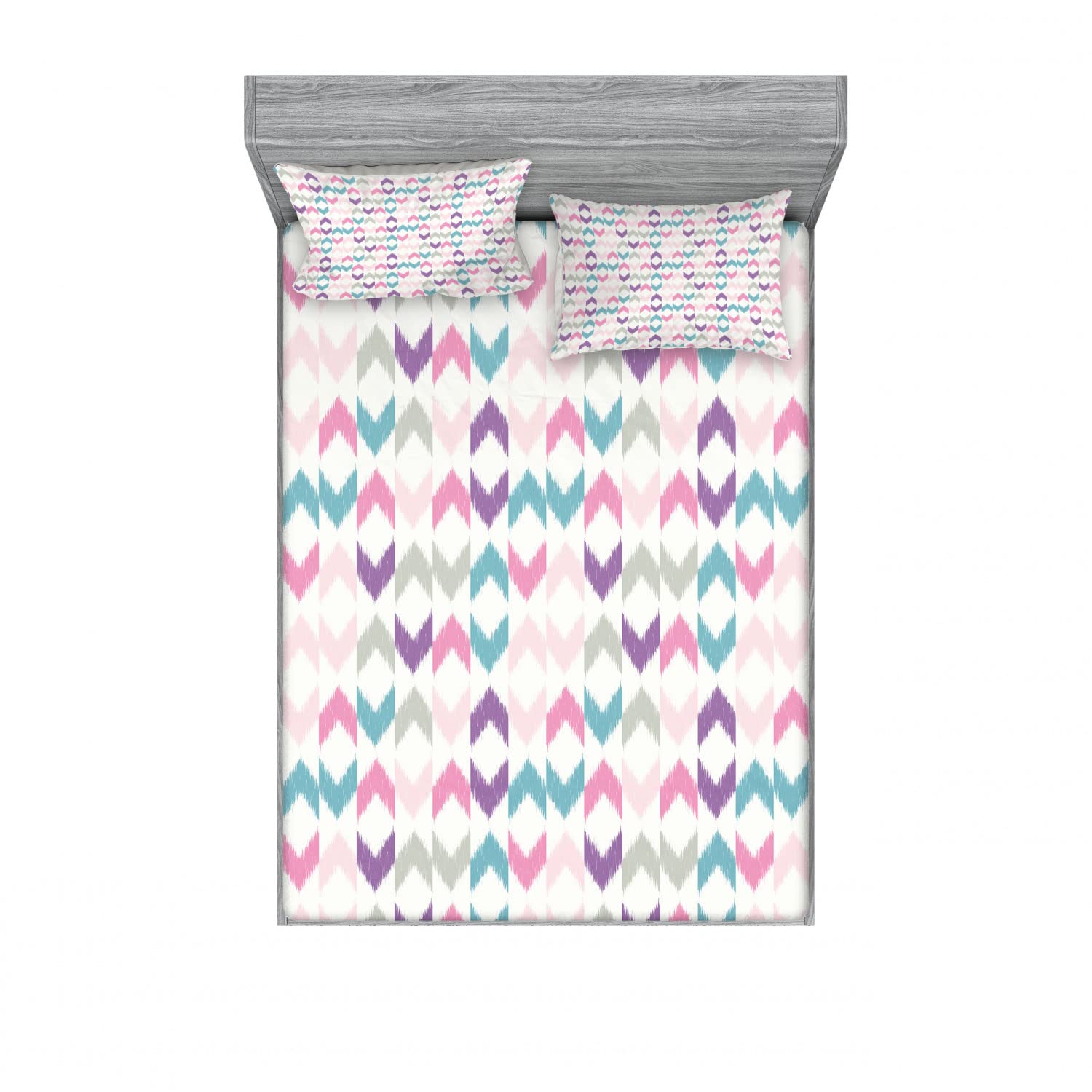 Ambesonne Geometric Bohemian 2-Piece Fitted Sheet Set with 4 Pillow Shams - Full Size Chevron Pattern Bedding in Violet Pink Teal - Perfect for Guest Rooms, Dorm Decor & Boho Chic Bedroom Makeovers