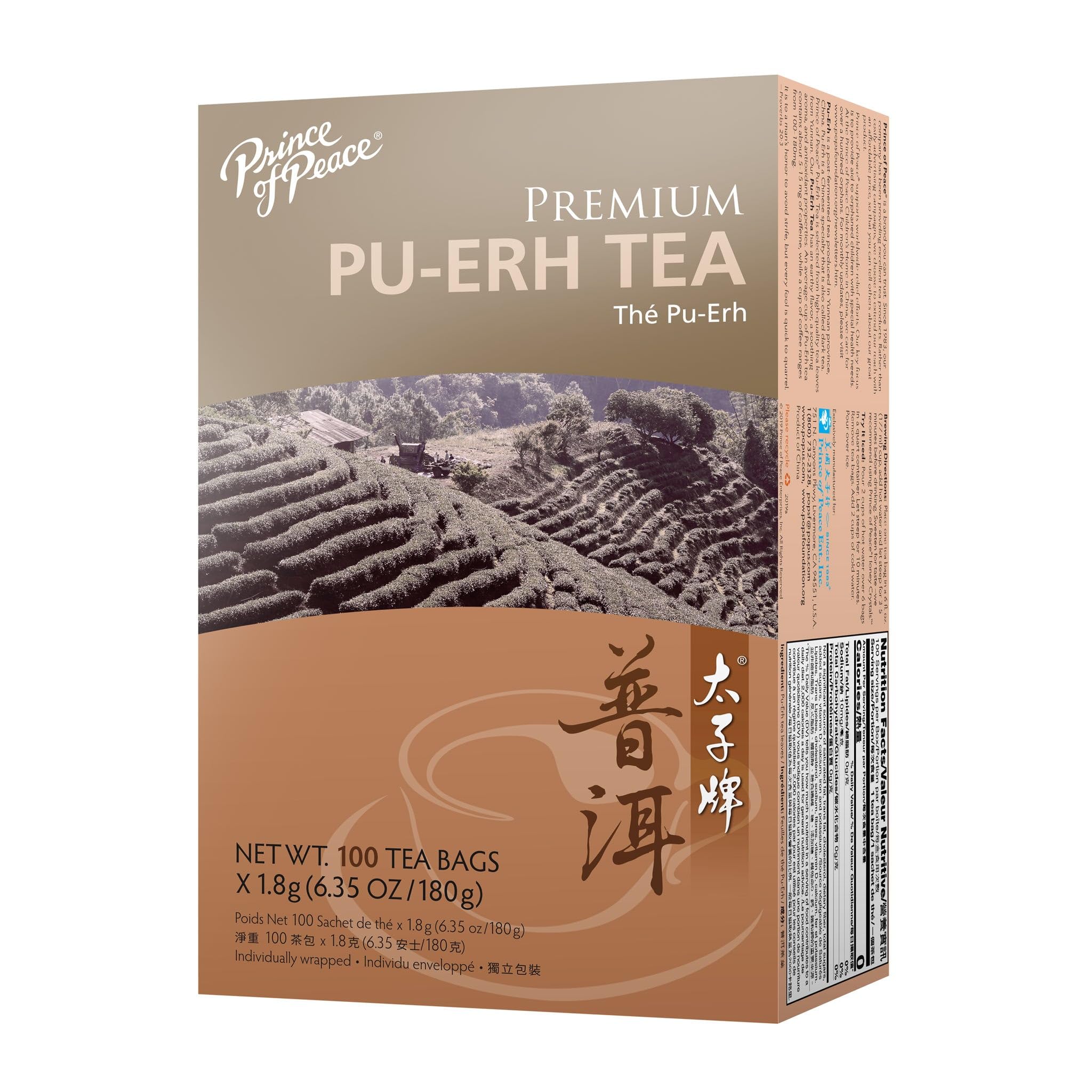 Premium Pu-erh Tea Bags by Prince Of Peace - 100 Count | Organic, Rich & Earthy Flavor | Perfect for Relaxation, Detox & After-Meal Digestion