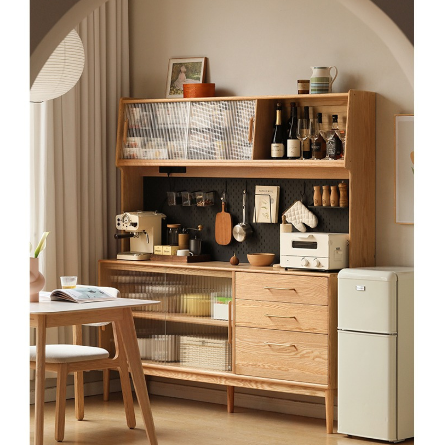 Solid Oak Wood Modern Multifunctional Sideboard - Buffet Cabinet for Dining Room, Living Room Storage & Entryway Organizer