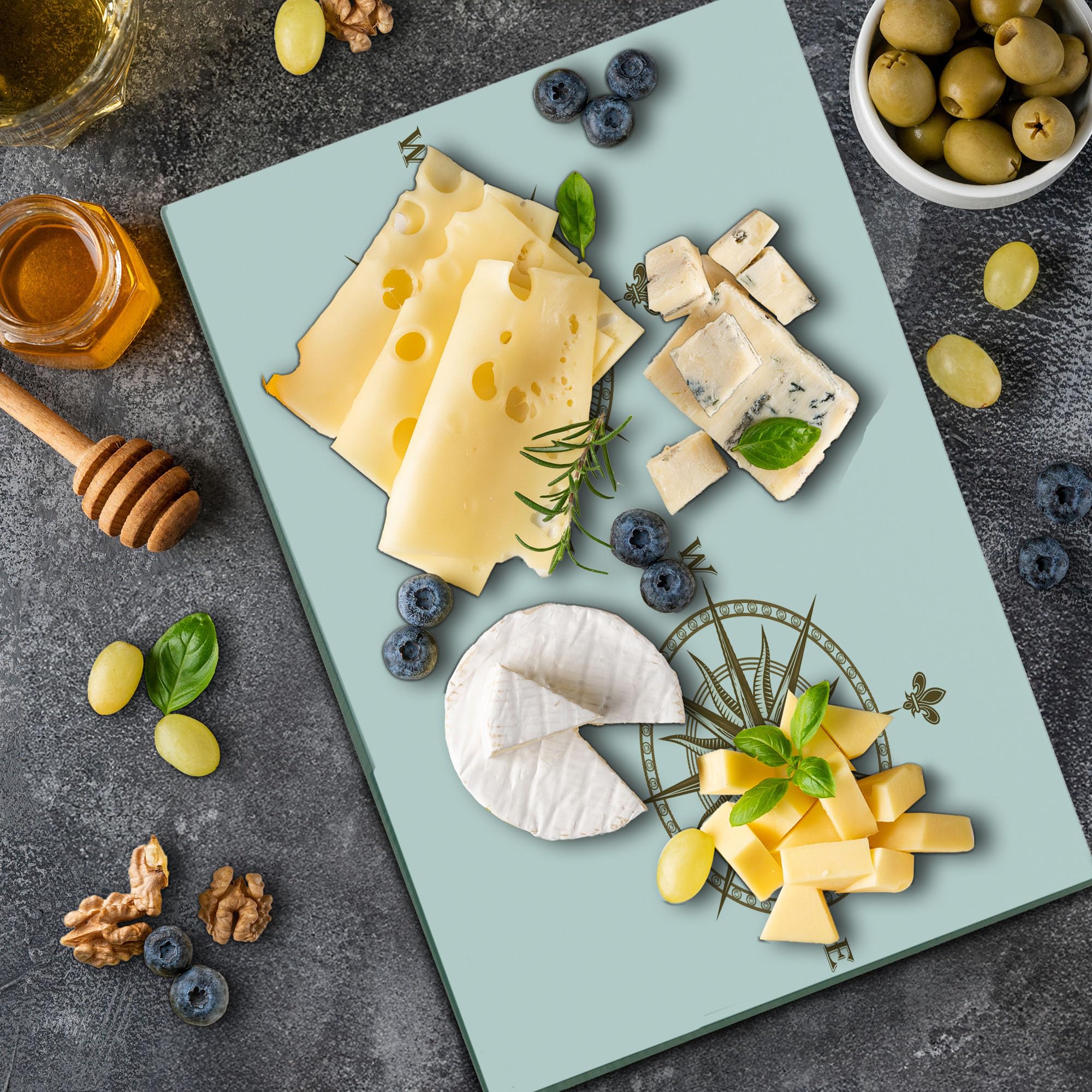 Ambesonne Compass Cutting Board - Windrose Design Travel Journey Theme with Sea Life Marine Discovery Art - Large Tempered Glass Cutting & Serving Board in Pale Brown - Perfect for Kitchen Prep, Charcuterie Display & Coastal Home Decor
