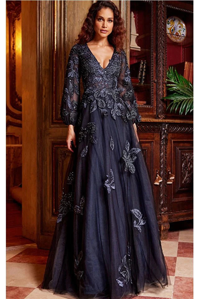 Jovani 09943 Navy Blue Embroidered A-Line Evening Gown for Women | Formal Party Dress | Prom, Wedding, Cocktail & Special Occasions