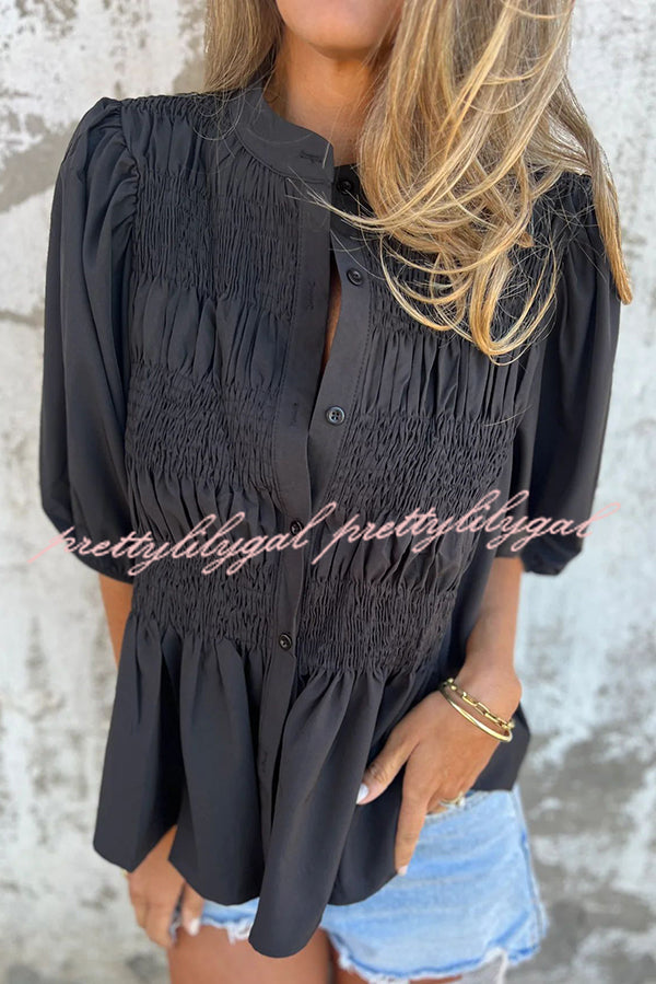 Solid Color Round Neck Button Pleated Short Sleeve Casual Shirt for Women - Summer Office Wear & Weekend Outfits