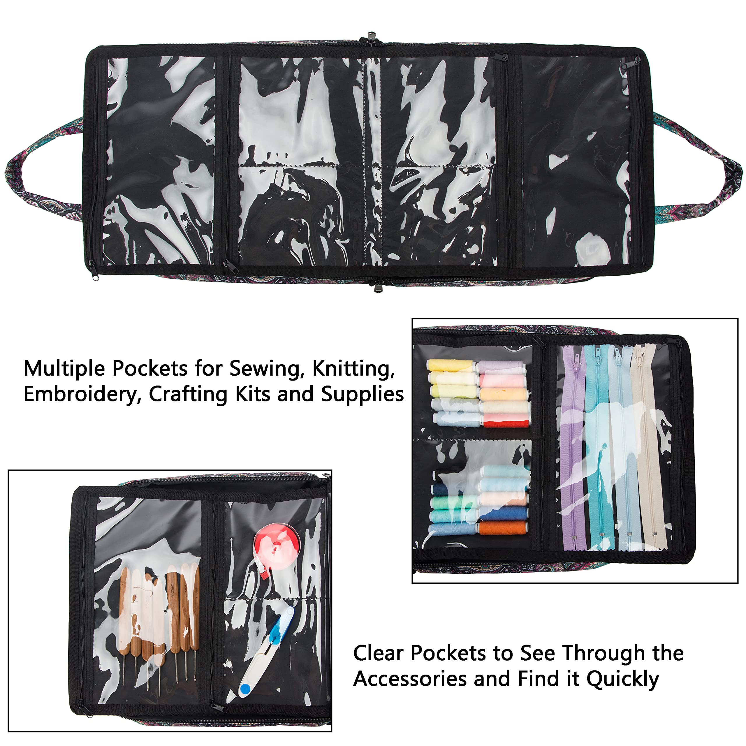 PACMAXI Sewing Accessories Storage Bag - Large Paisley Pattern Knitting & Craft Tools Organizer with Multiple Pockets - Perfect for Sewing Kits, Quilting Supplies & DIY Projects at Home or On-The-Go