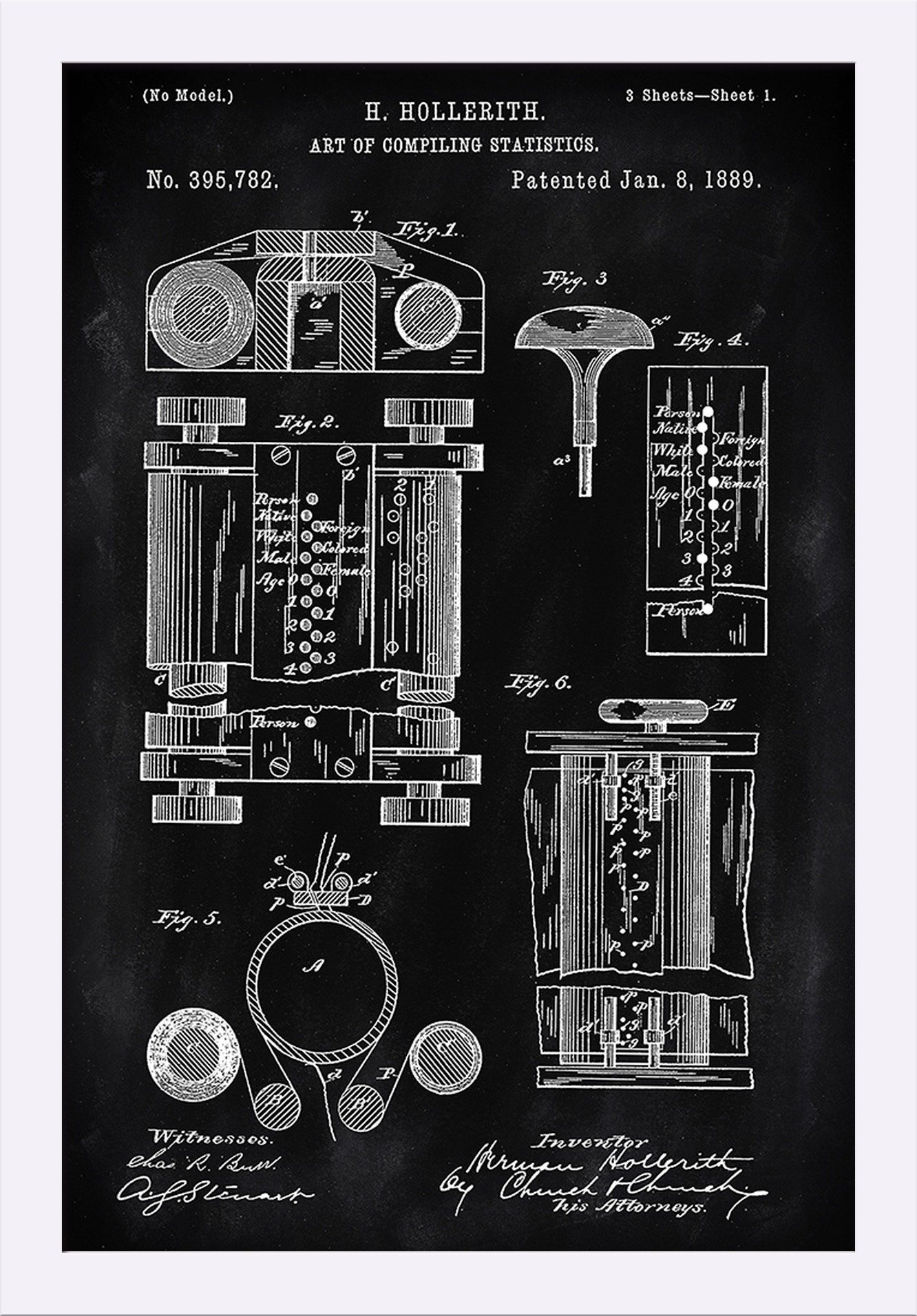 Vintage Blackboard Patent Art - First Computer Blueprint 16x24 Giclee Fine Art Print with Recycled Wood Frame in White | Home Office Decor, Tech Enthusiast Gift, Retro Wall Art for Living Room & Study