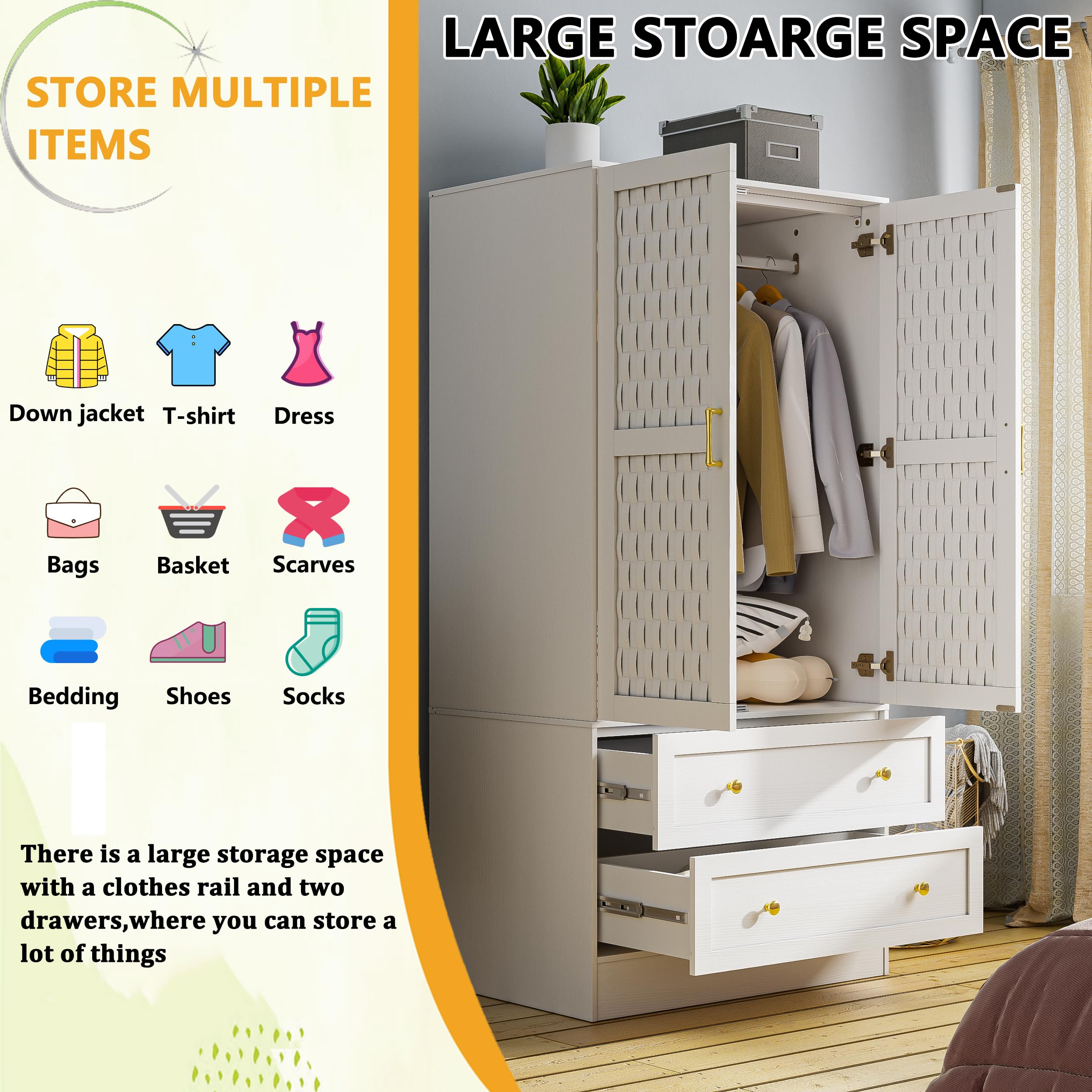 PAKASEPT Wooden Armoire Wardrobe with 2 Woven Doors - Freestanding Closet Cabinet with Drawers & Hanging Rod - Bedroom Storage Organizer for Clothes, Shoes & Accessories | Perfect for Small Spaces, Apartments & Dorm Rooms