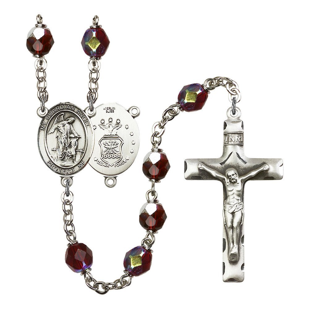 Guardian Angel Air Force Silver-Plated Rosary with 7mm January Red Lock Link & Aurora Borealis Beads - 1 3/4 x 1 Inch Crucifix Medal - Perfect for Military Blessings, Catholic Devotion & Spiritual Gifts