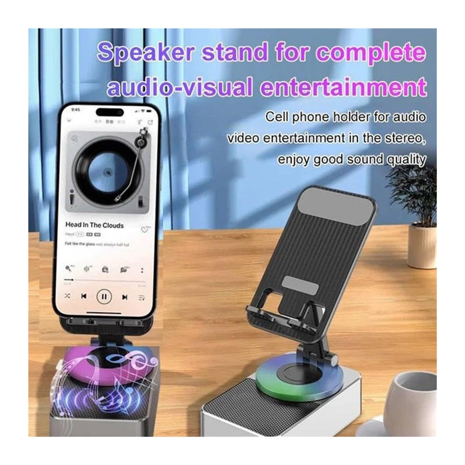 Bluetooth Audio Power Phone Holder & Stand with Wireless Speaker - Foldable Cellphone Stand with Built-in Bluetooth 5.0, Portable Speakerphone for Home Office Desk, Car Dashboard & Travel (Gray) - Perfect for Video Calls, Music Streaming & Hands-Free Calling