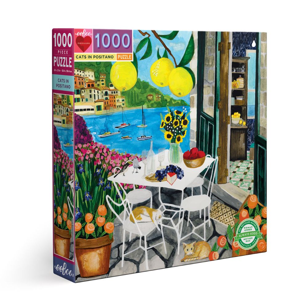 eeBoo Cats in Positano 1000-Piece Jigsaw Puzzle for Adults & Families - Italian Village Scenery, Challenging Puzzle Game for Home Decor, Family Bonding & Relaxation
