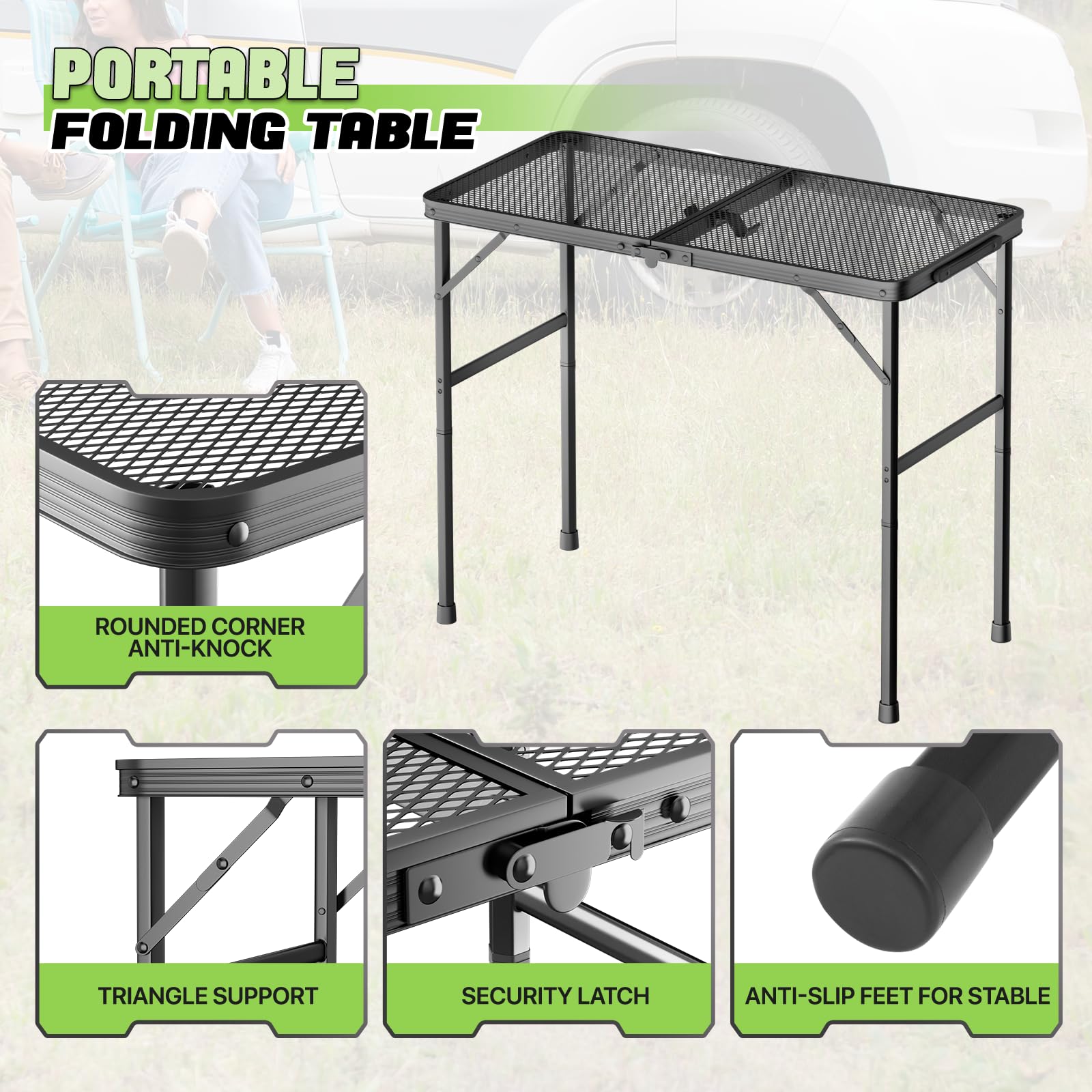 Magshion Adjustable Height Portable Folding Grill Table - Lightweight Aluminum Camping Table with Mesh Desktop for BBQ, Picnics & Outdoor Cooking | Perfect for Backyard, Beach and Tailgating Parties