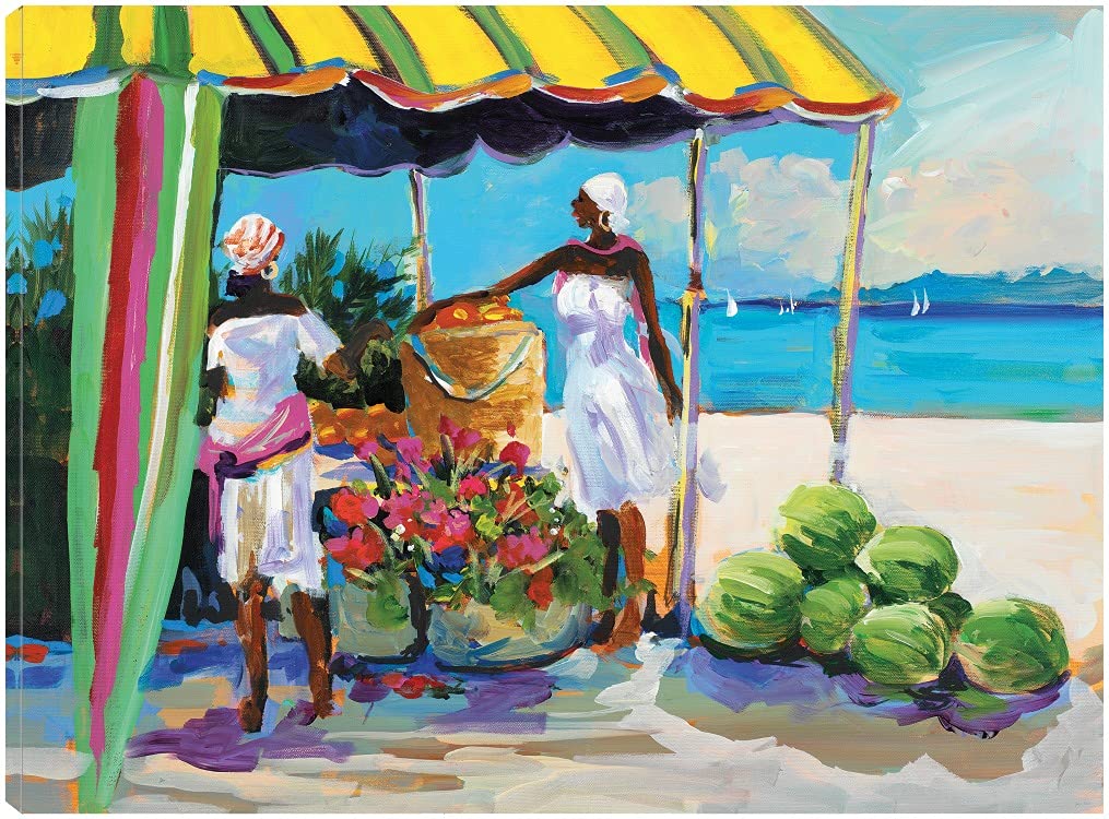 Tropical Fruit Stand Canvas Wall Art - Hand Painted by Artist Jane Slivka - 32x24 Inch Ready to Hang Painting for Living Room, Bedroom, Office Decor - Vibrant Kitchen & Dining Room Wall Decor - Perfect for Home, Bar or Guest Room