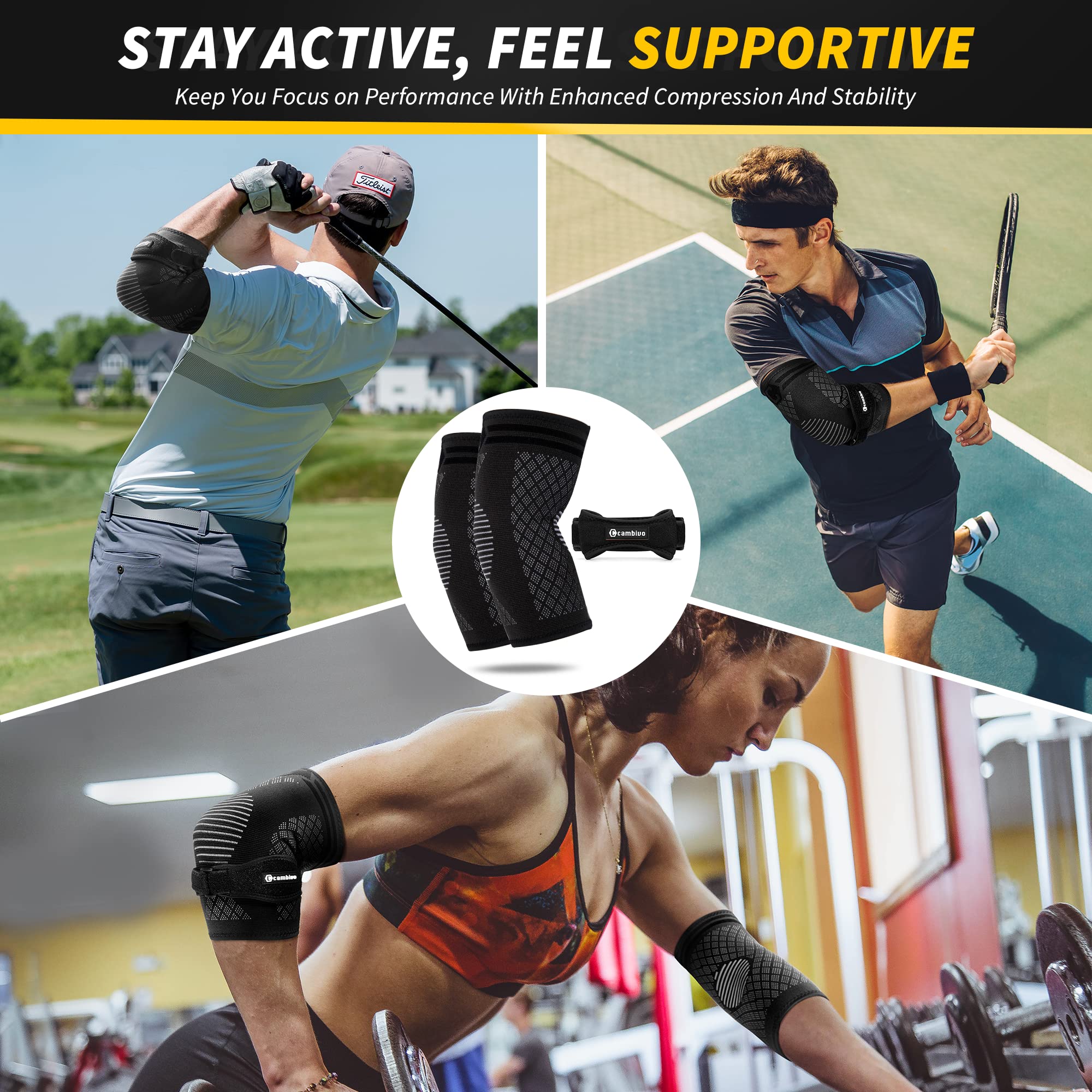 CAMBIVO Tennis Elbow Brace Set - 2Pcs Compression Elbow Sleeves & 1Pcs Adjustable Support Strap for Men & Women - Pain Relief for Tennis Elbow, Golfer's Elbow & Tendonitis - Perfect for Sports, Gym & Daily Activities (Black, Small)