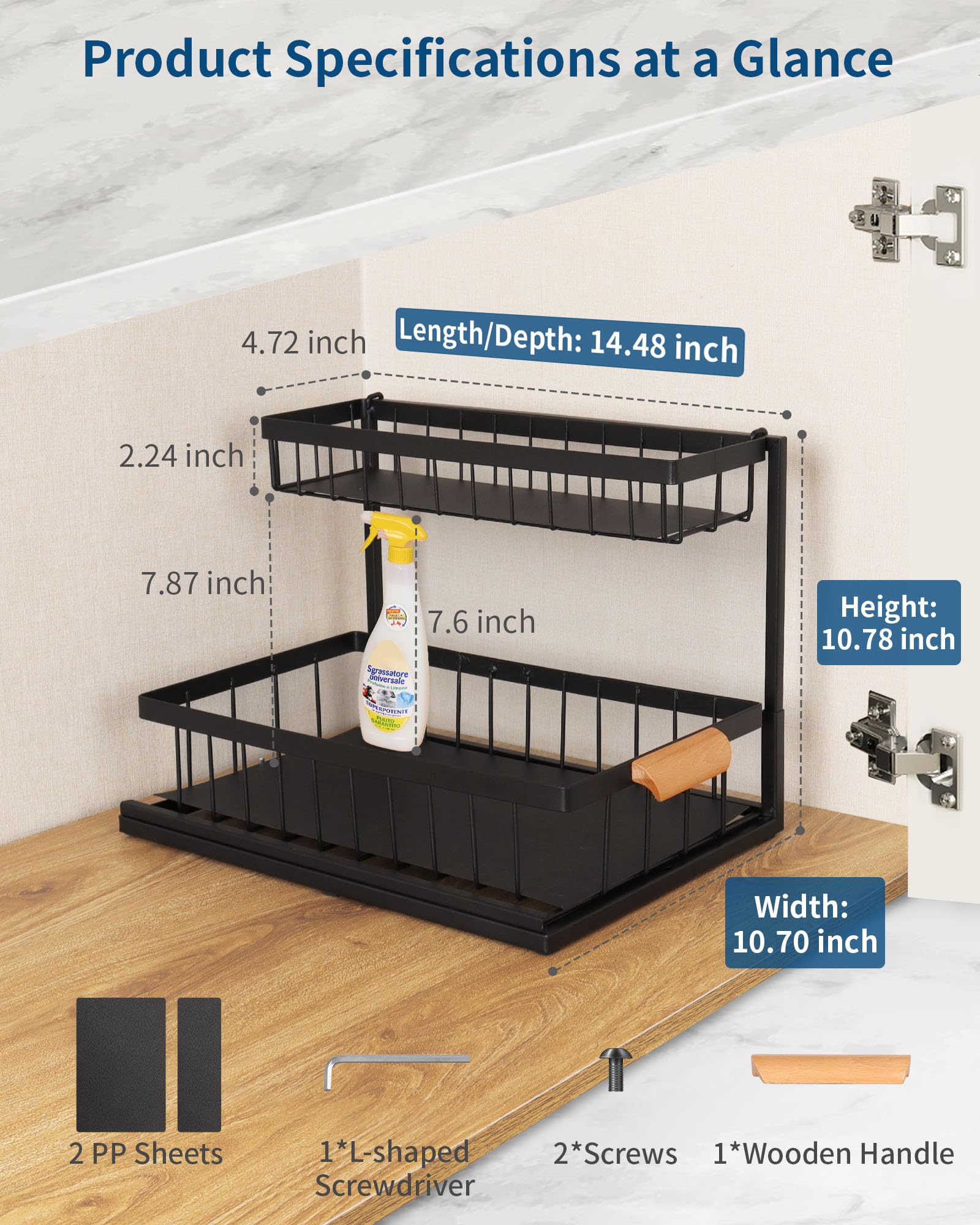 2 Pack Under Sink Organizer - Sturdy Metal Pull Out Kitchen Cabinet Organizer with Sliding Drawer | Multi-Functional Storage for Bathroom & Kitchen | Space Saving Solution for Cleaning Supplies, Sponges & Toiletries (Black)