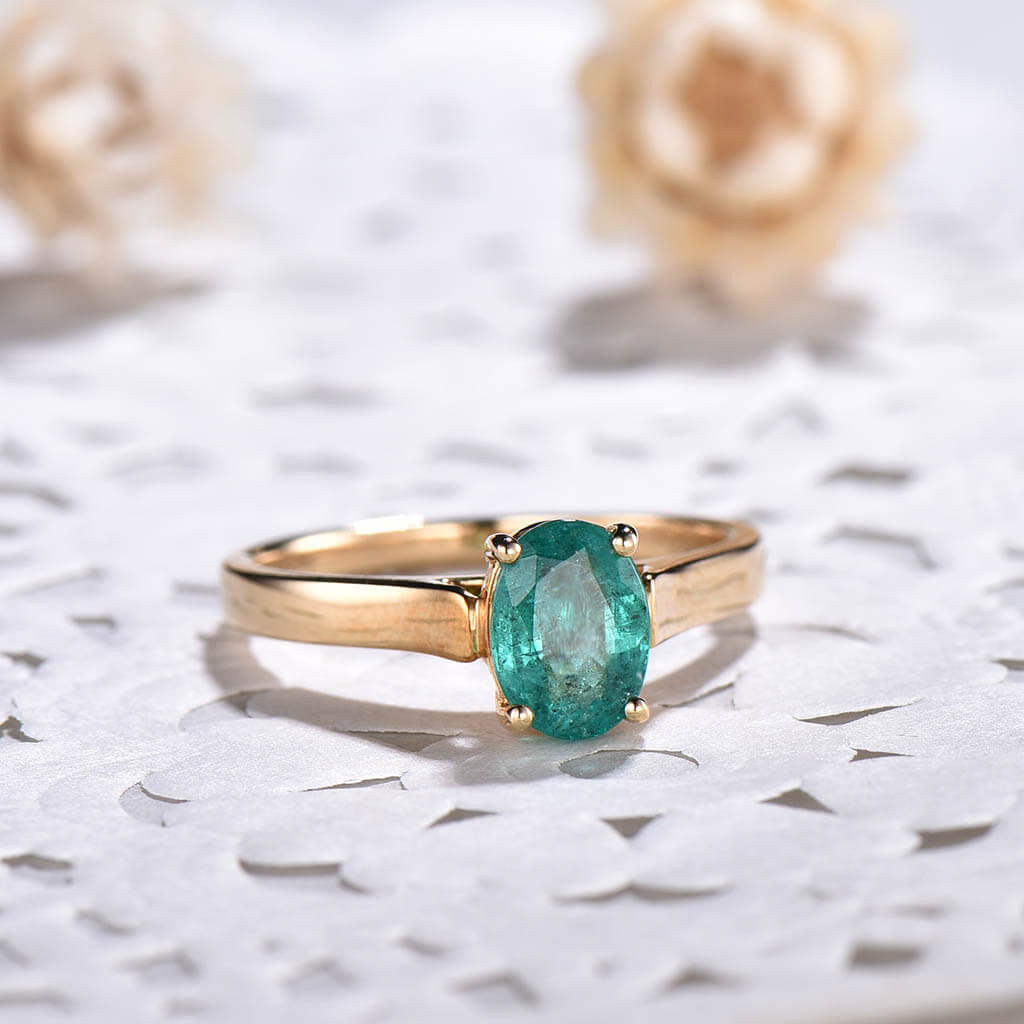 Solitaire Natural Oval Cut Emerald Engagement Ring - 14K Gold Wedding Band for Women, Vintage Inspired Bridal Jewelry - Perfect for Proposals, Anniversaries & Special Occasions