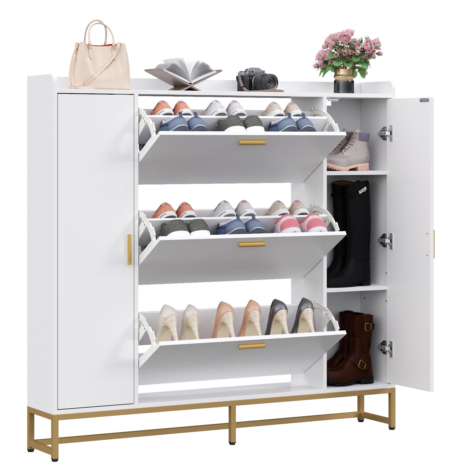 Modern White Shoe Cabinet with 3 Flip Drawers & 2 Storage Compartments - Freestanding Entryway Organizer with Metal Legs for Hallway, Living Room, Bedroom - Slim Shoe Storage Rack for Sneakers, Boots & Home Organization