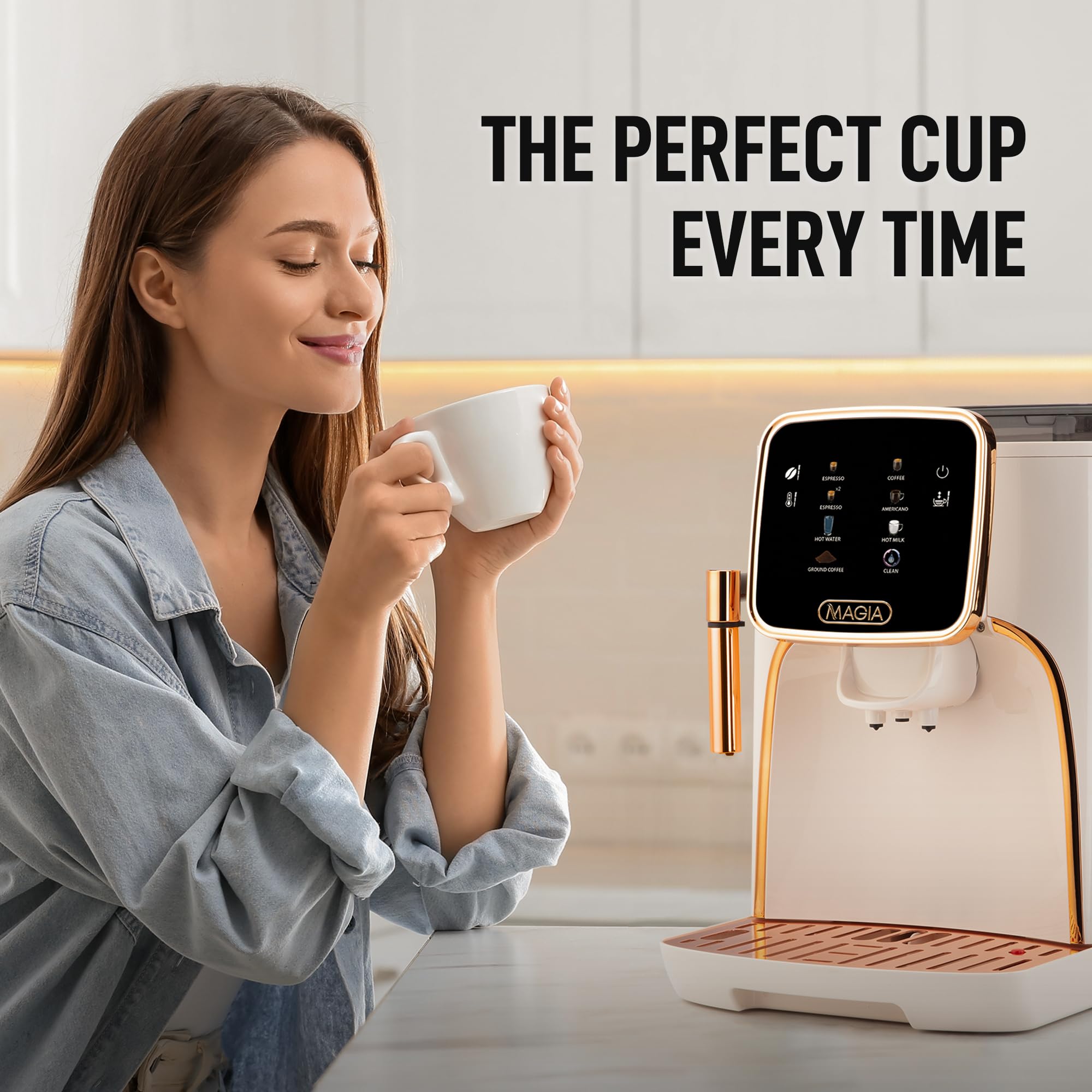 Zulay Kitchen Magia Clasica Fully Automatic Espresso Machine with Built-in Grinder - Touch Screen Coffee Maker for Latte, Cappuccino & Macchiato - One-Touch Operation & Milk Frother - Cream Copper Finish - Perfect for Home, Office & Coffee Shop Use