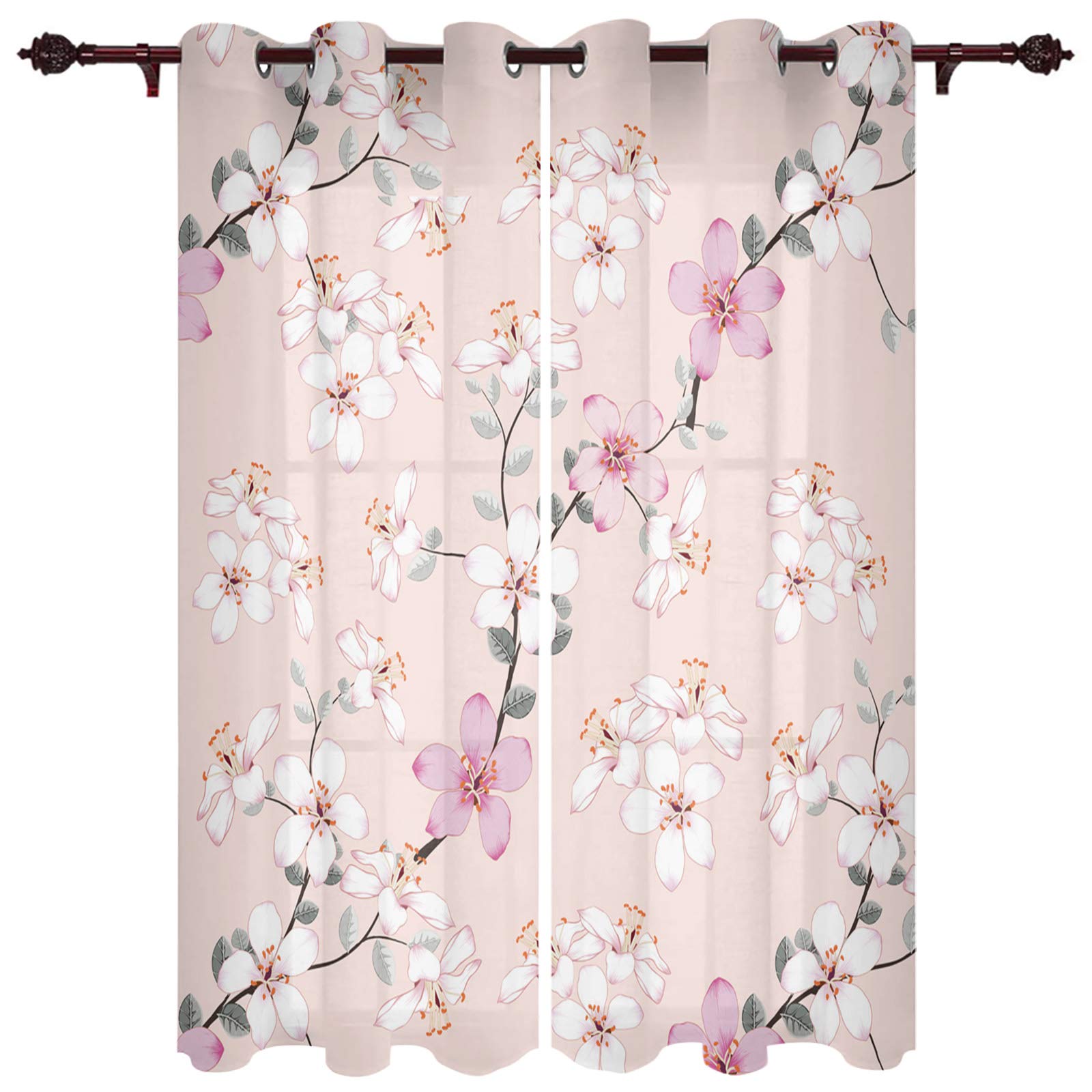 Sheer Curtains with Pink Flowers & Peach Blossoms - 2 Panels Spring Bloom Window Treatment, 52 Inch Length Grommet Kitchen Tier Curtains for Living Room, Bedroom, Patio & Sliding Glass Door - Perfect for Brightening Spaces & Adding Elegant Privacy